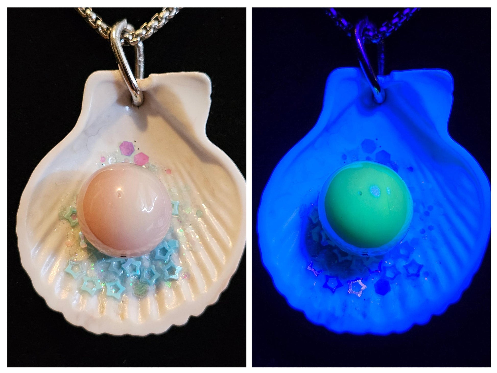 Uranium Glass Pendant "Pearl" in Shell with Stainless Steel chain and a vintage 15 mm Uranium Glass Marble that glows under black / UV light