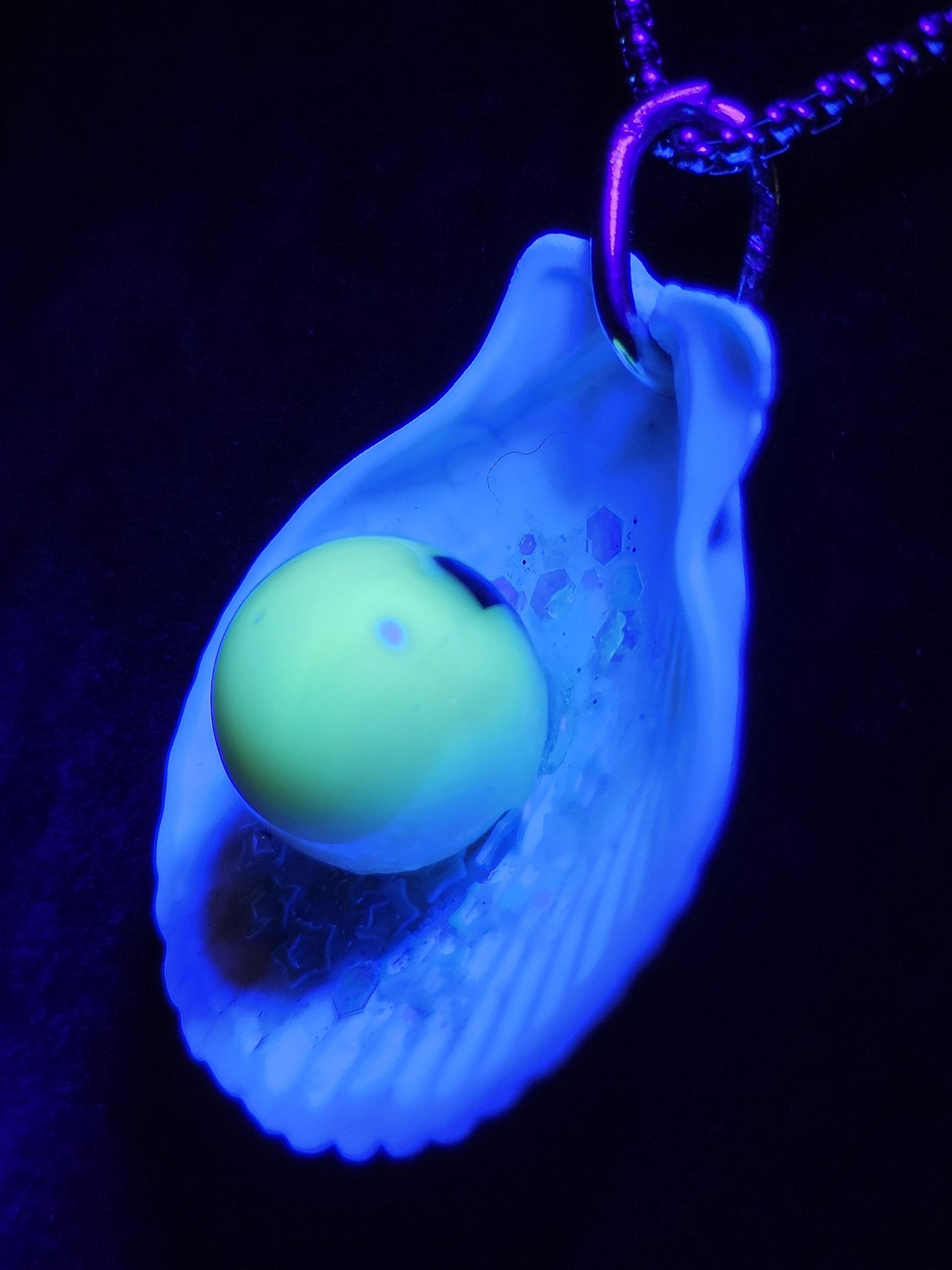 Uranium Glass Pendant "Pearl" in Shell with Stainless Steel chain and a vintage 15 mm Uranium Glass Marble that glows under black / UV light