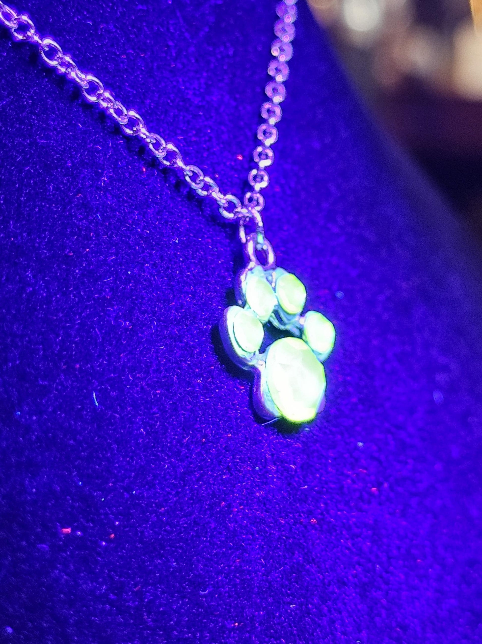 Uranium Glass Pendant "puppy paw" style with Stainless Steel chain vintage rare Pink Uranium Glass stones that glow under black / UV light