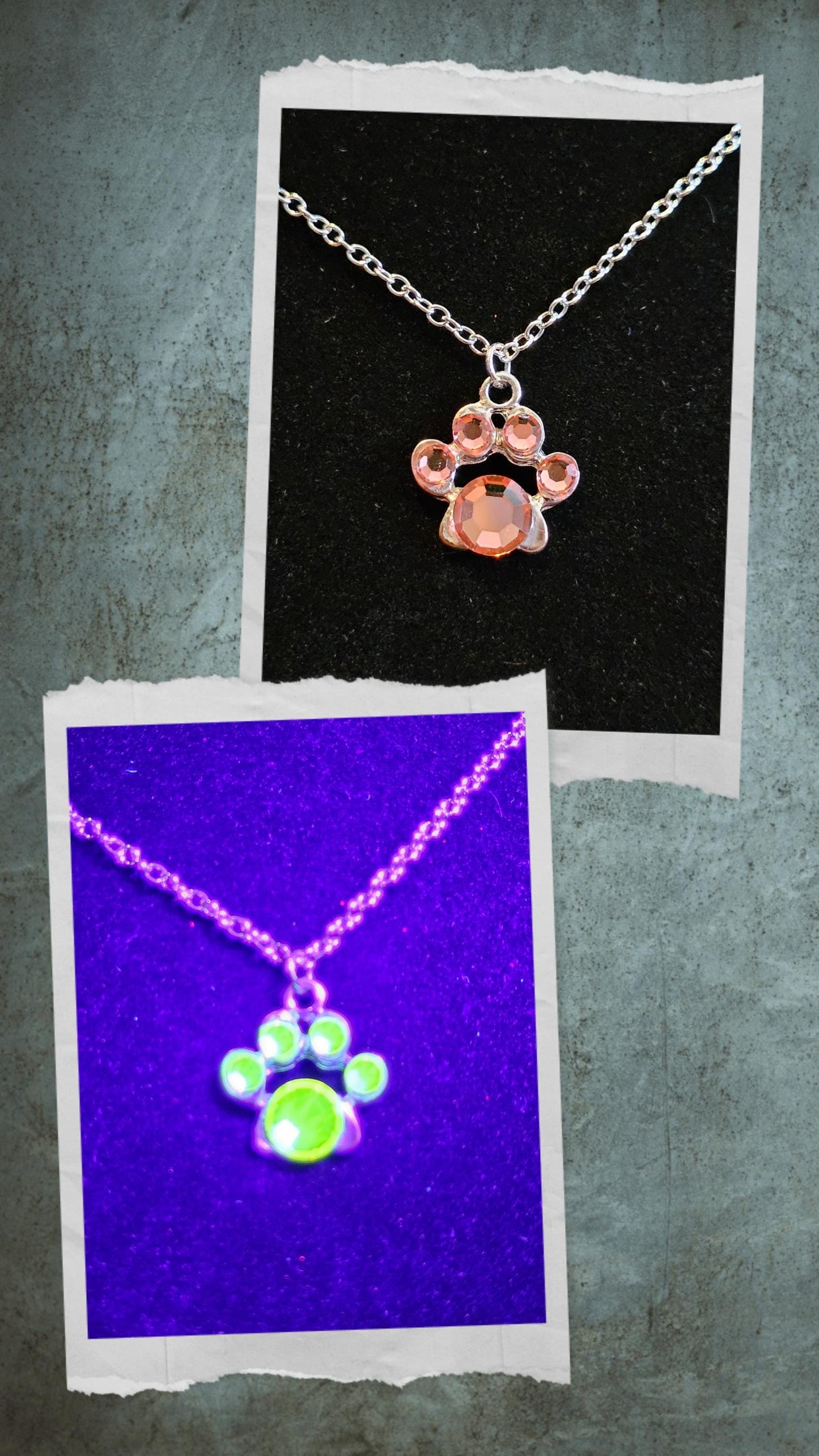 Uranium Glass Pendant "puppy paw" style with Stainless Steel chain vintage rare Pink Uranium Glass stones that glow under black / UV light