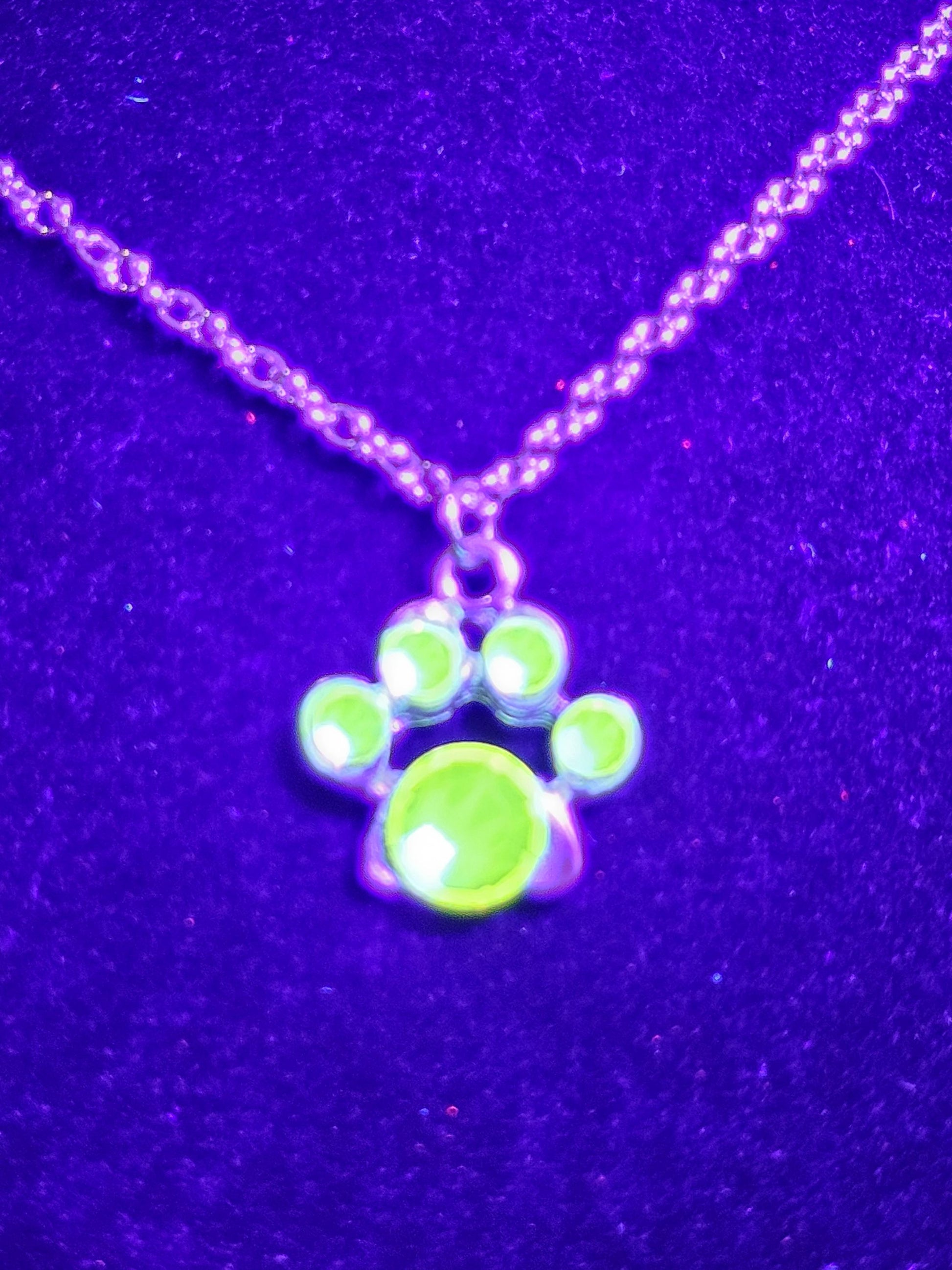 Uranium Glass Pendant "puppy paw" style with Stainless Steel chain vintage rare Pink Uranium Glass stones that glow under black / UV light