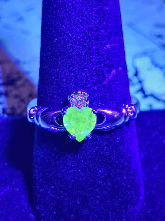 Uranium Glass Heart cut Claddagh Ring size 6 to 10 new Sterling Silver with a vintage Uranium glass stone that glows under black/UV light