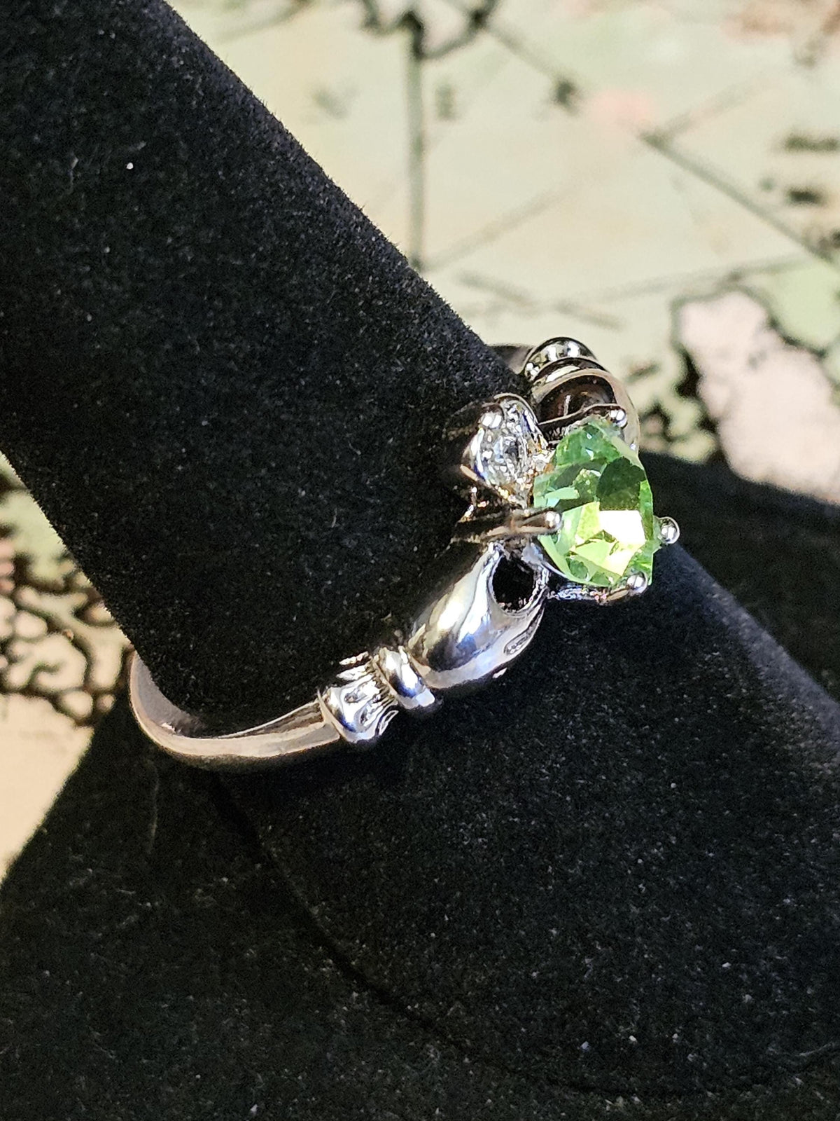 Uranium Glass Heart cut Claddagh Ring size 6 to 10 new Sterling Silver with a vintage Uranium glass stone that glows under black/UV light