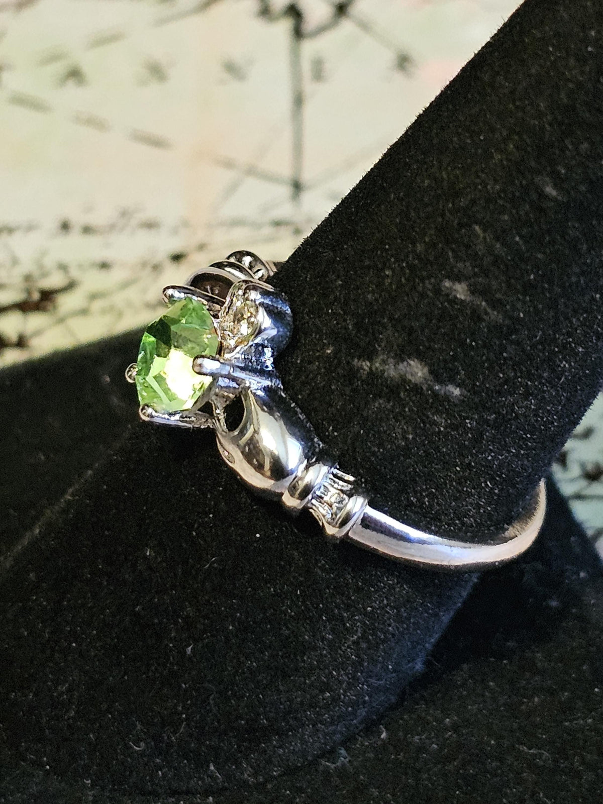 Uranium Glass Heart cut Claddagh Ring size 6 to 10 new Sterling Silver with a vintage Uranium glass stone that glows under black/UV light