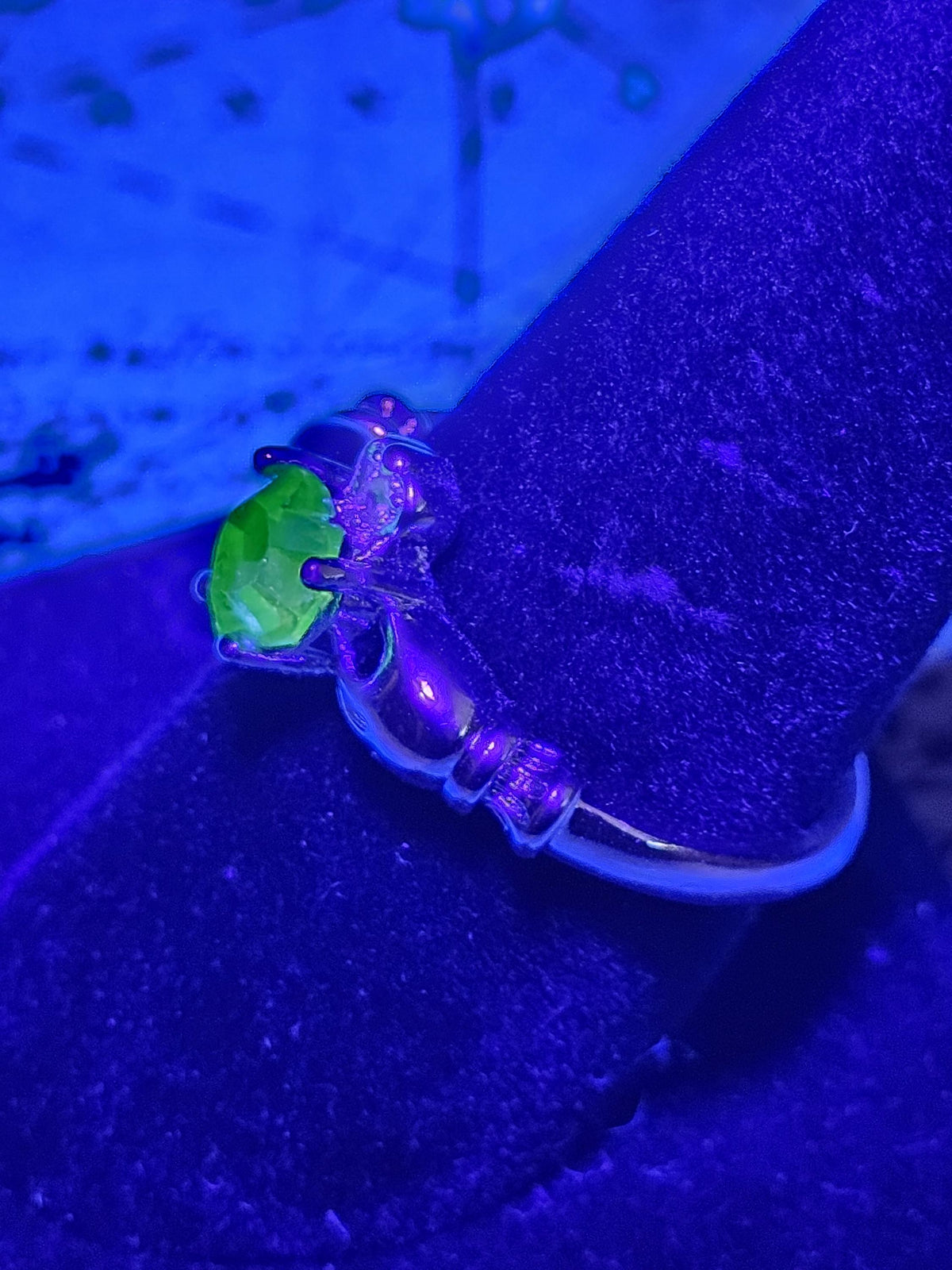 Uranium Glass Heart cut Claddagh Ring size 6 to 10 new Sterling Silver with a vintage Uranium glass stone that glows under black/UV light