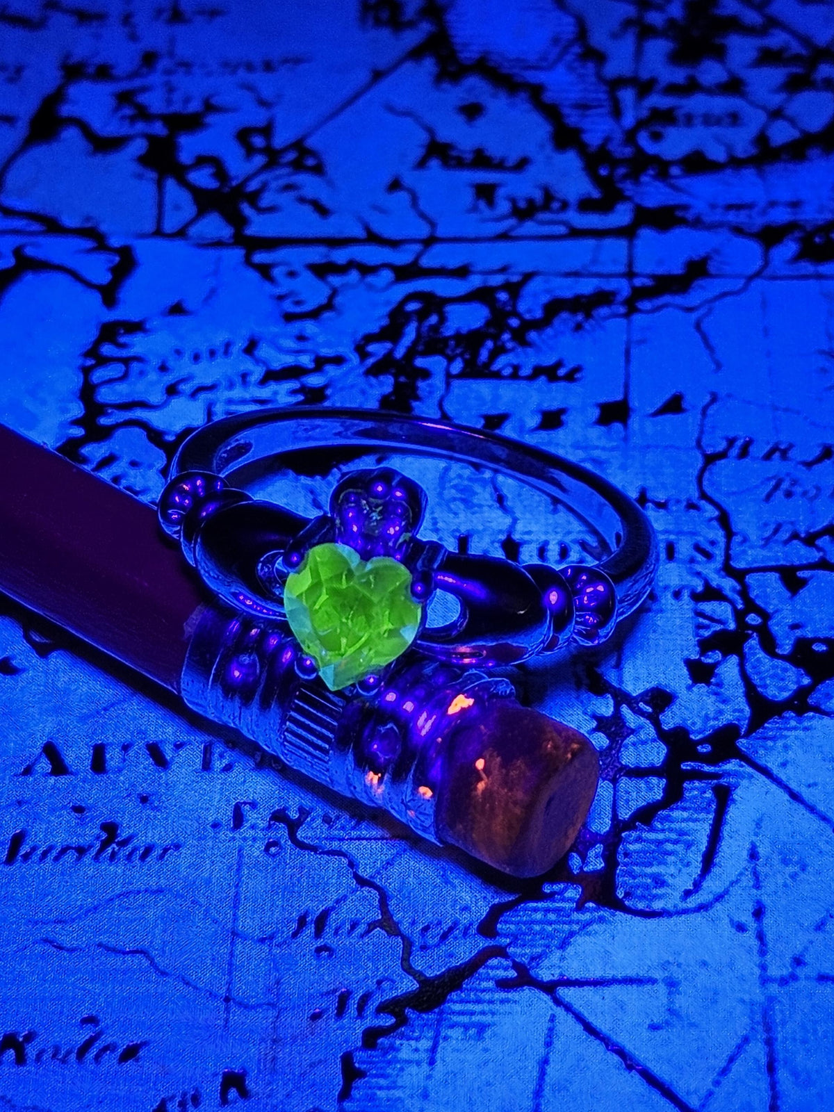 Uranium Glass Heart cut Claddagh Ring size 6 to 10 new Sterling Silver with a vintage Uranium glass stone that glows under black/UV light
