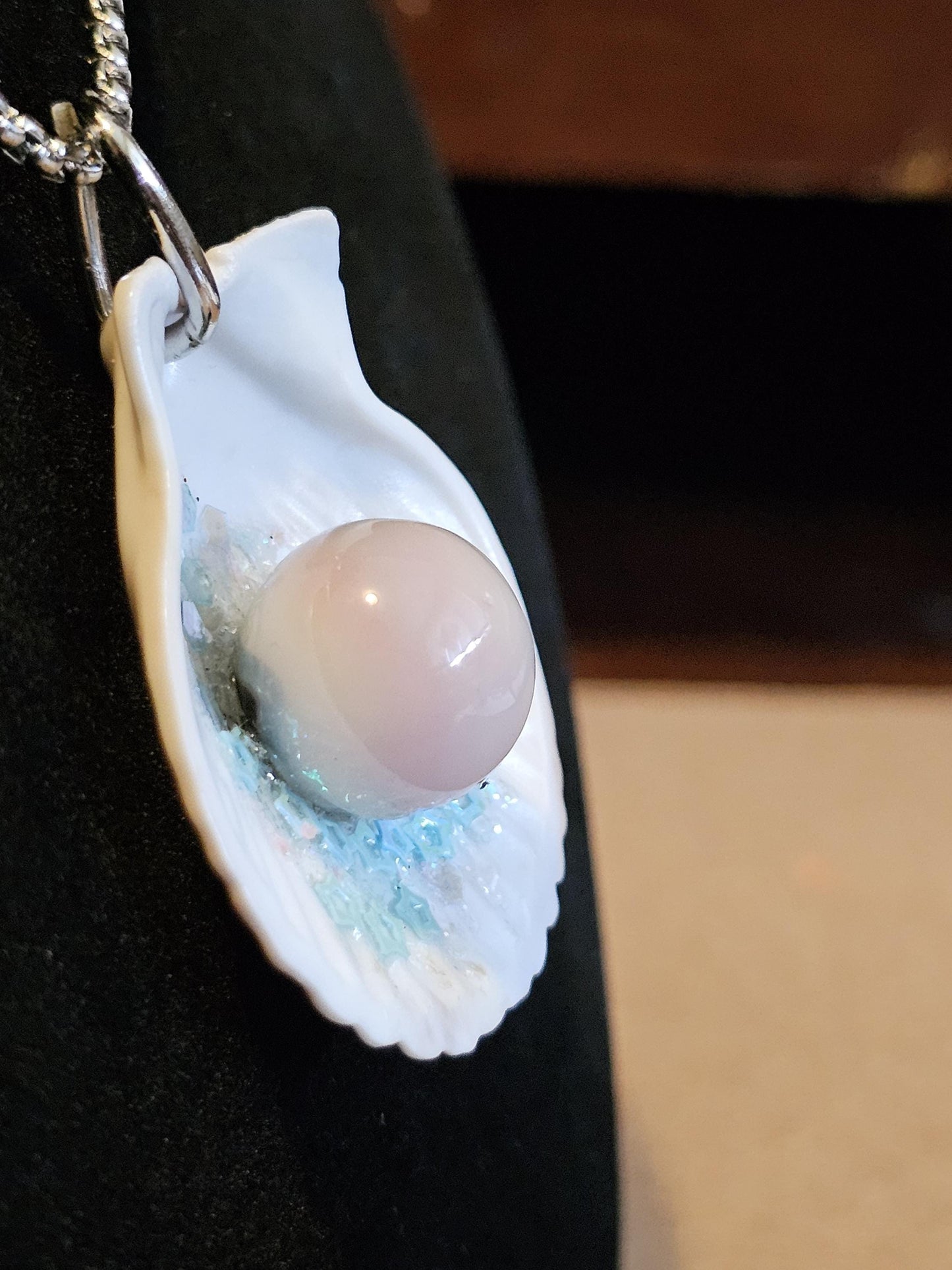 Uranium Glass Pendant "Pearl" in Shell with Stainless Steel chain and a vintage 15 mm Uranium Glass Marble that glows under black / UV light