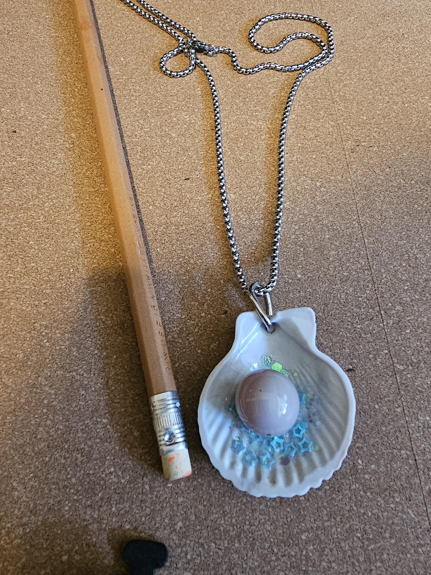 Uranium Glass Pendant "Pearl" in Shell with Stainless Steel chain and a vintage 15 mm Uranium Glass Marble that glows under black / UV light