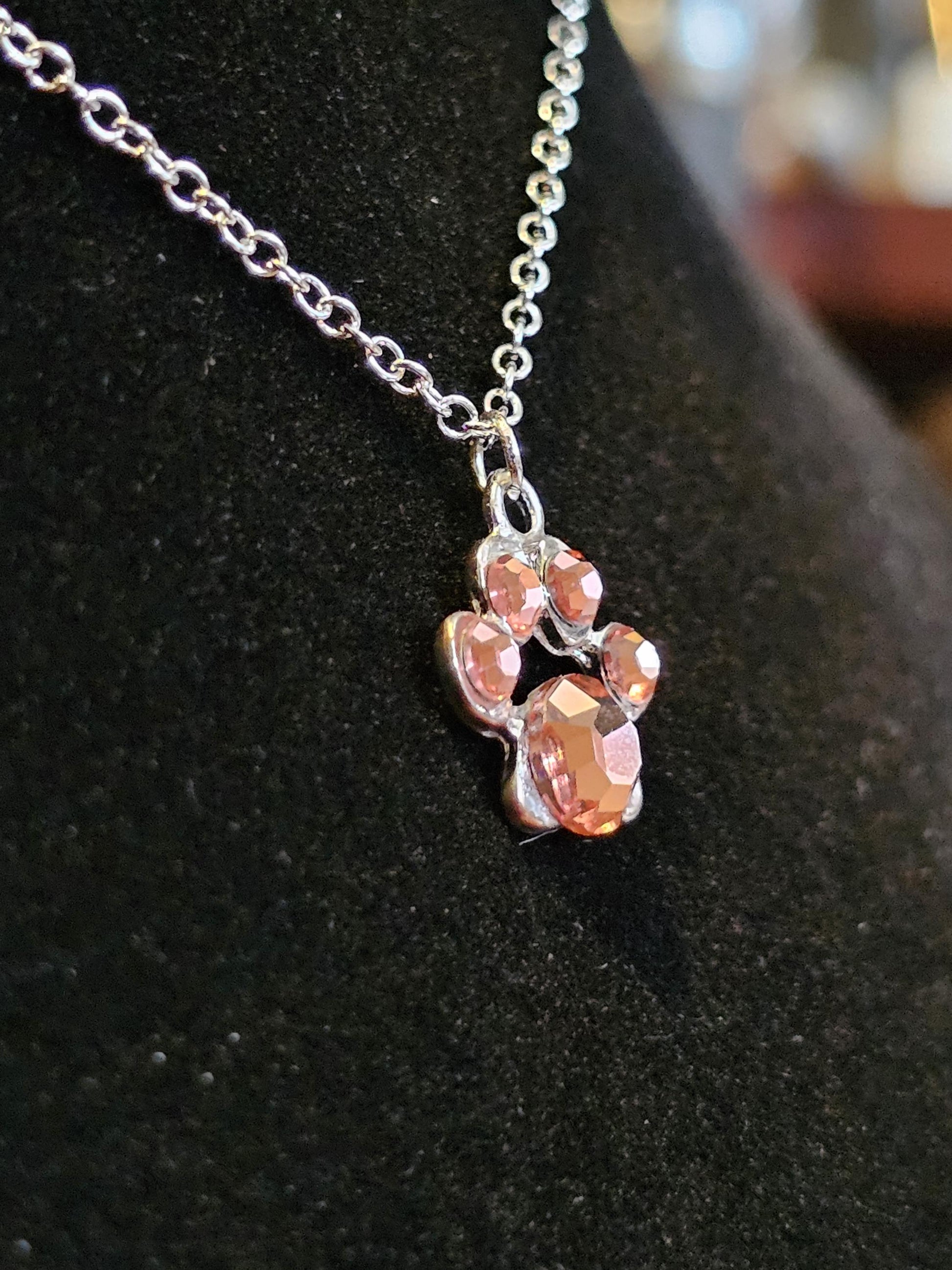 Uranium Glass Pendant "puppy paw" style with Stainless Steel chain vintage rare Pink Uranium Glass stones that glow under black / UV light