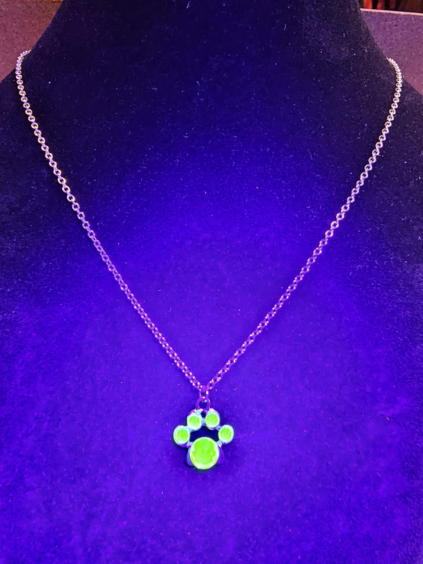 Uranium Glass Pendant "puppy paw" style with Stainless Steel chain vintage rare Pink Uranium Glass stones that glow under black / UV light