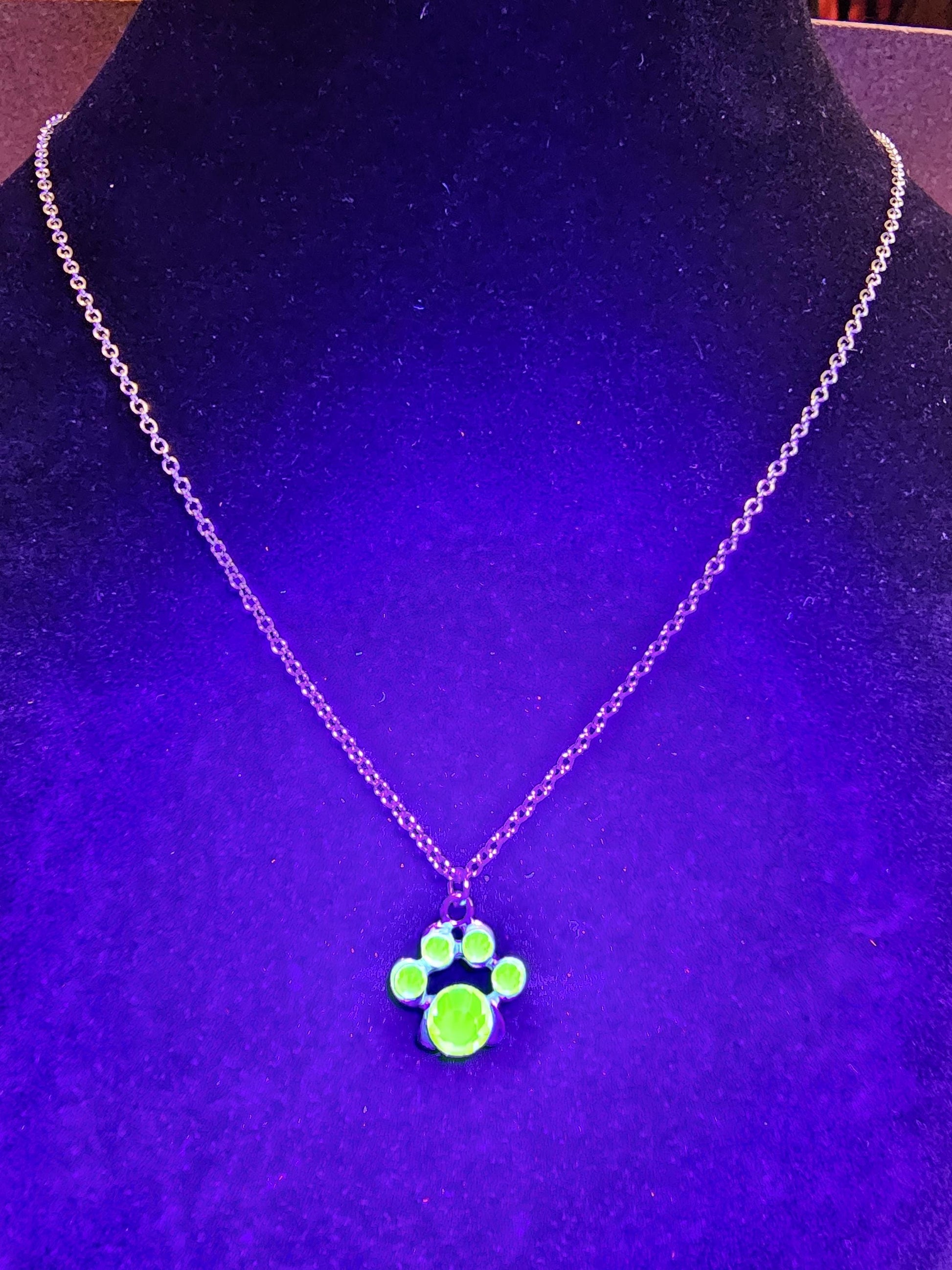 Uranium Glass Pendant "puppy paw" style with Stainless Steel chain vintage rare Pink Uranium Glass stones that glow under black / UV light