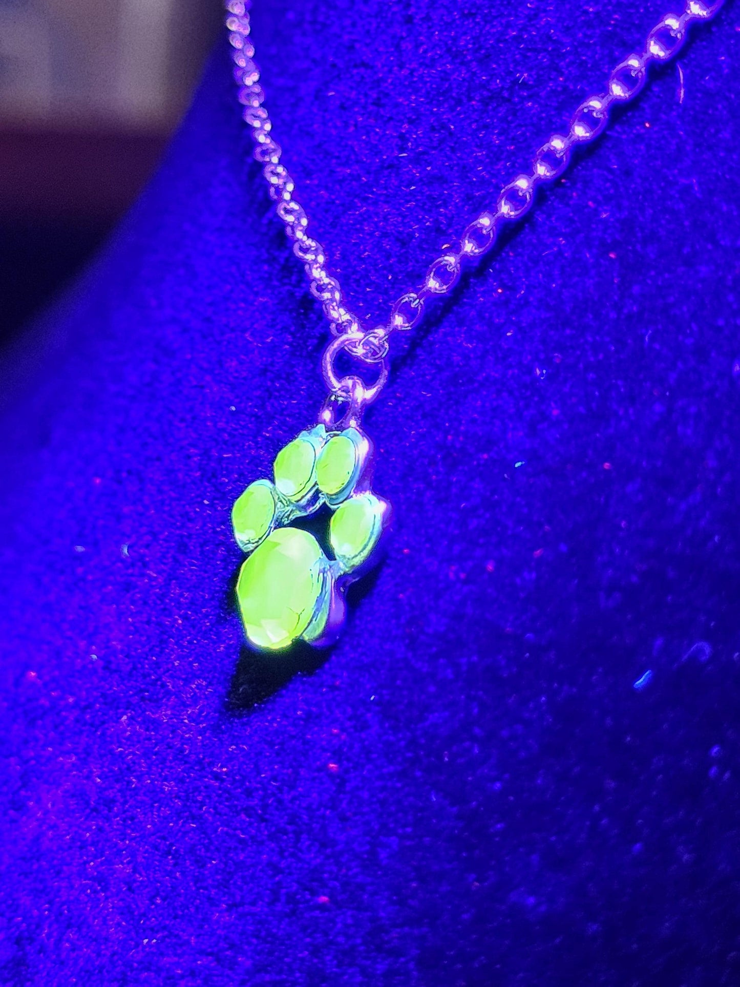 Uranium Glass Pendant "puppy paw" style with Stainless Steel chain vintage rare Pink Uranium Glass stones that glow under black / UV light