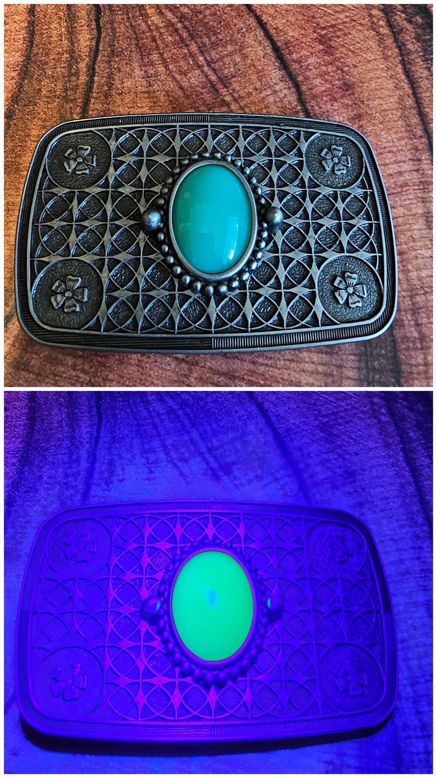 Uranium Glass Belt Buckle large 25x18 mm Oval cut Round top Cabochon cut vintage Uranium Glass stone that glows under black / UV light