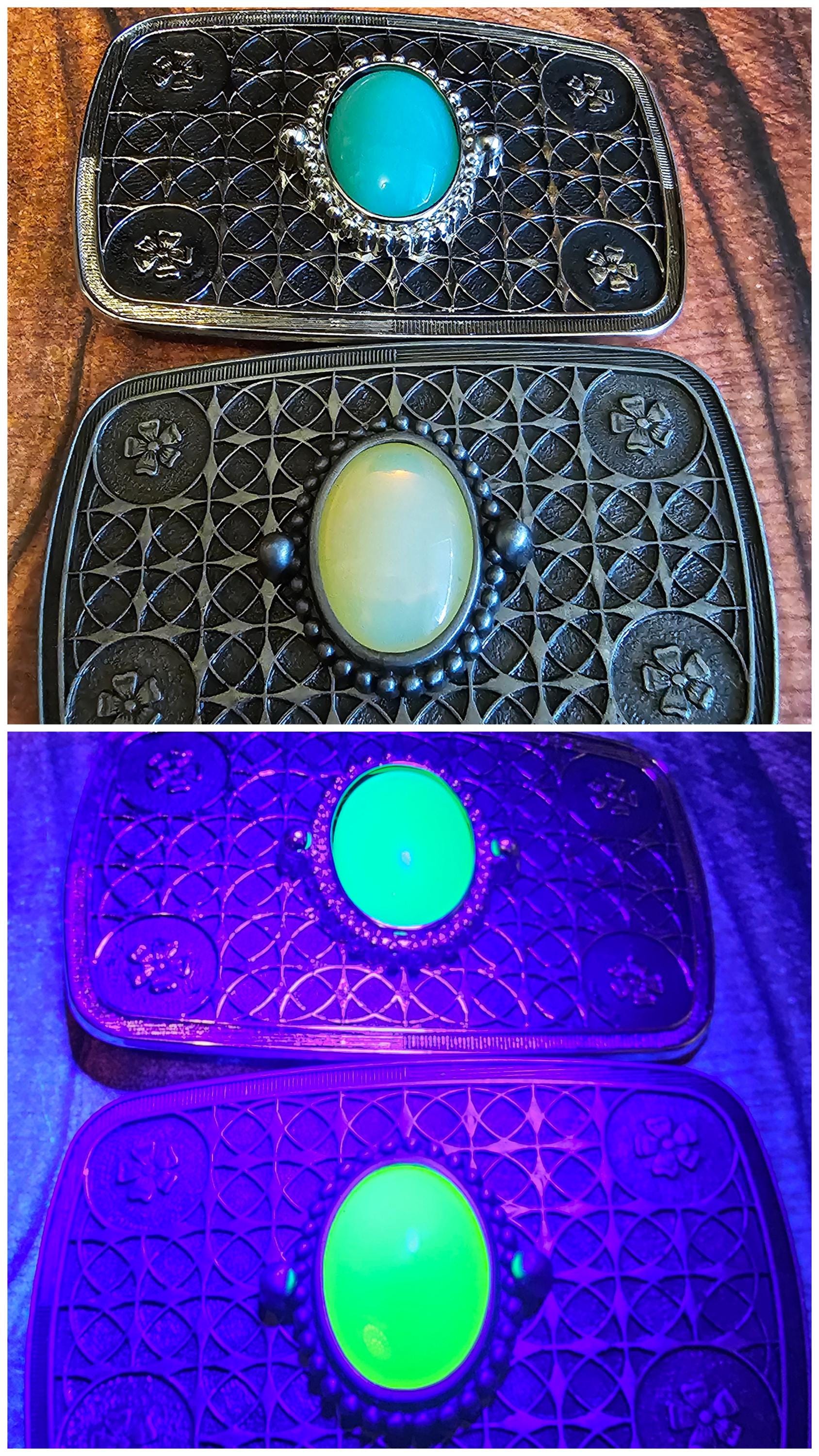 Uranium Glass Belt Buckle large 25x18 mm Oval cut Round top Cabochon cut vintage Uranium Glass stone that glows under black / UV light