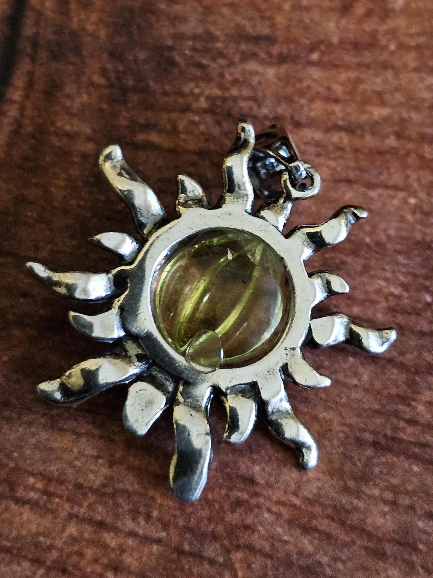 Uranium Glass Pendant Sterling Silver Sun setting with vintage 10 mm Yellow Uranium glass stone that glows under black / UV light