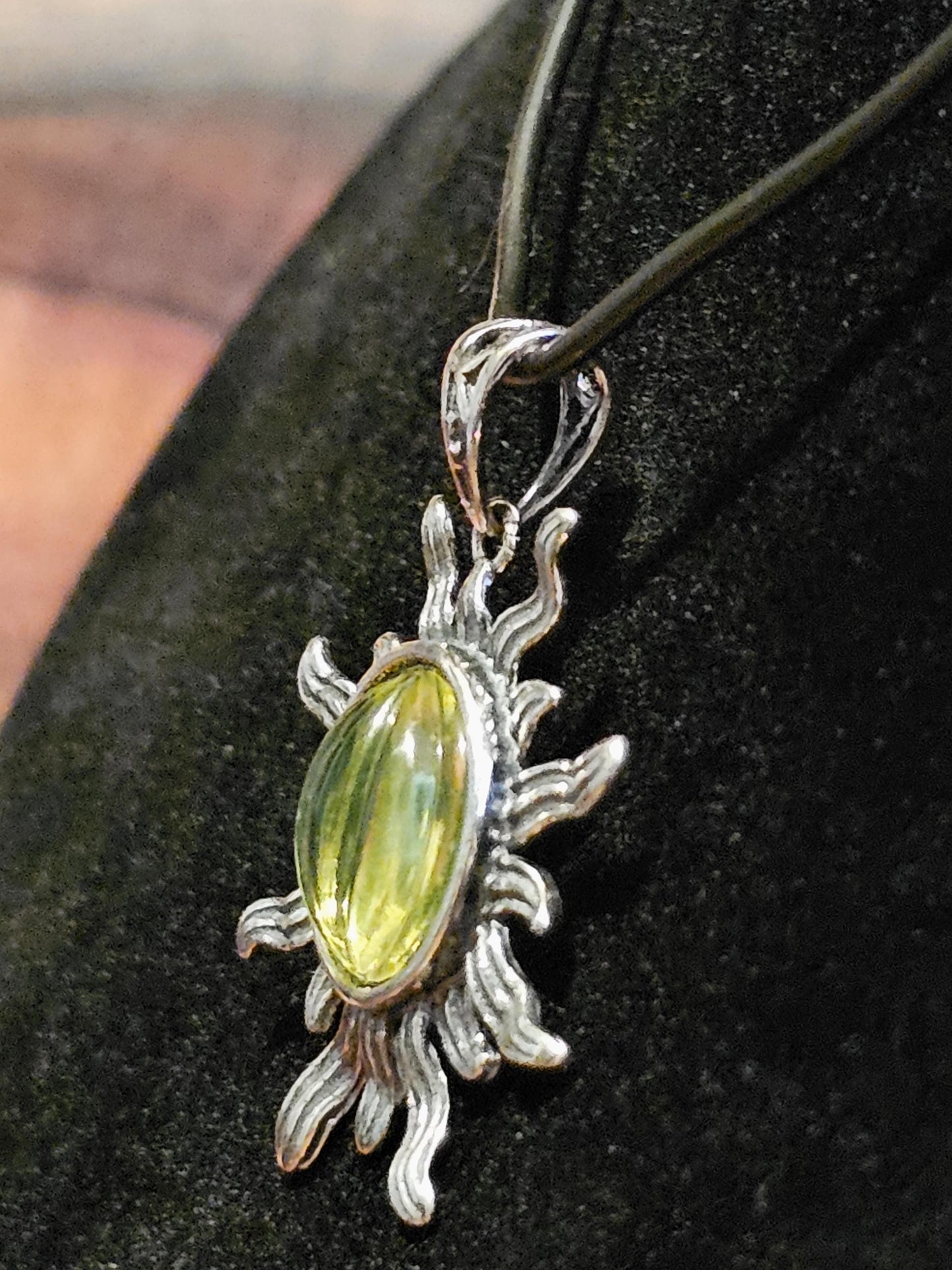 Uranium Glass Pendant Sterling Silver Sun setting with vintage 10 mm Yellow Uranium glass stone that glows under black / UV light