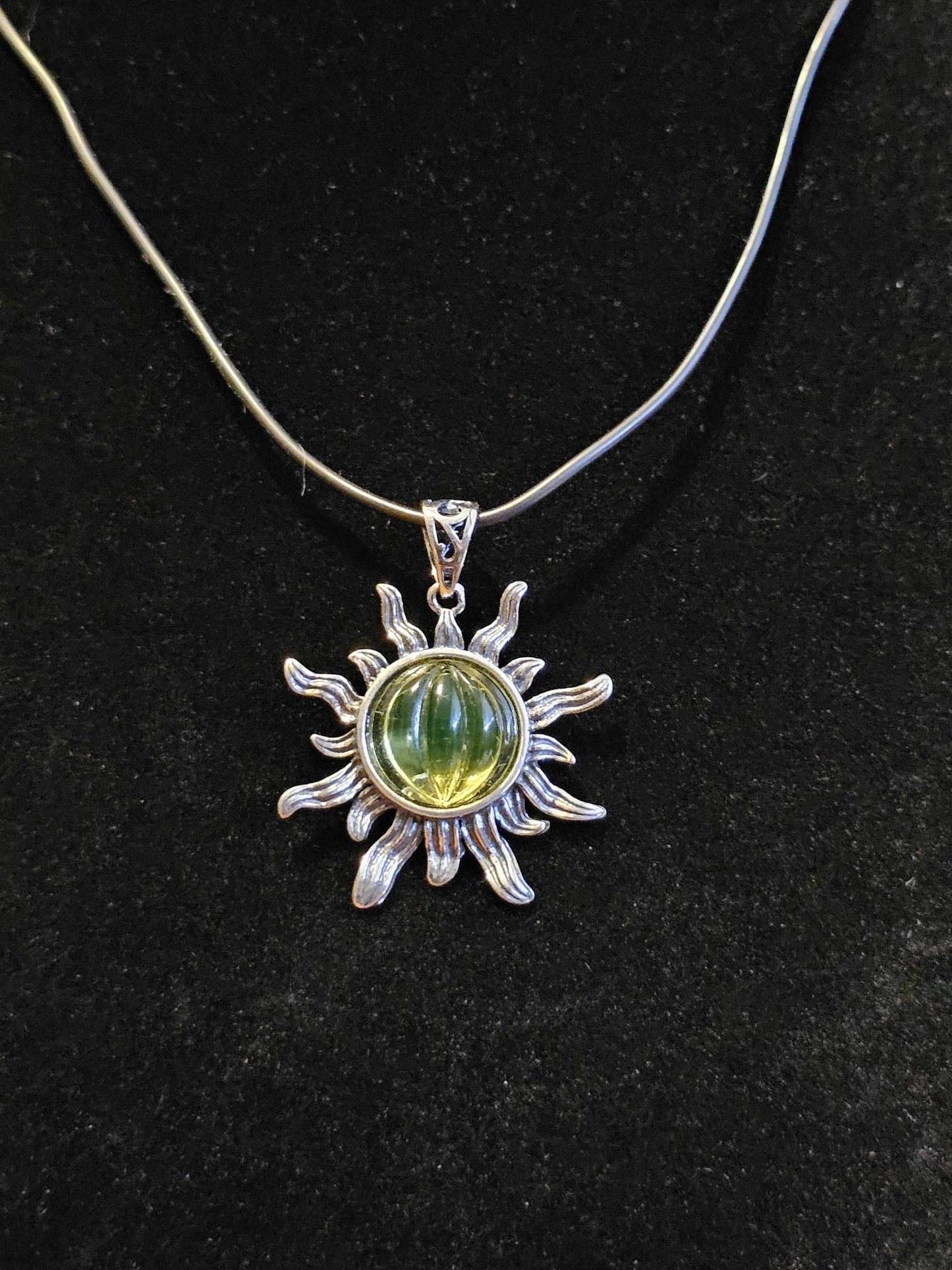 Uranium Glass Pendant Sterling Silver Sun setting with vintage 10 mm Yellow Uranium glass stone that glows under black / UV light