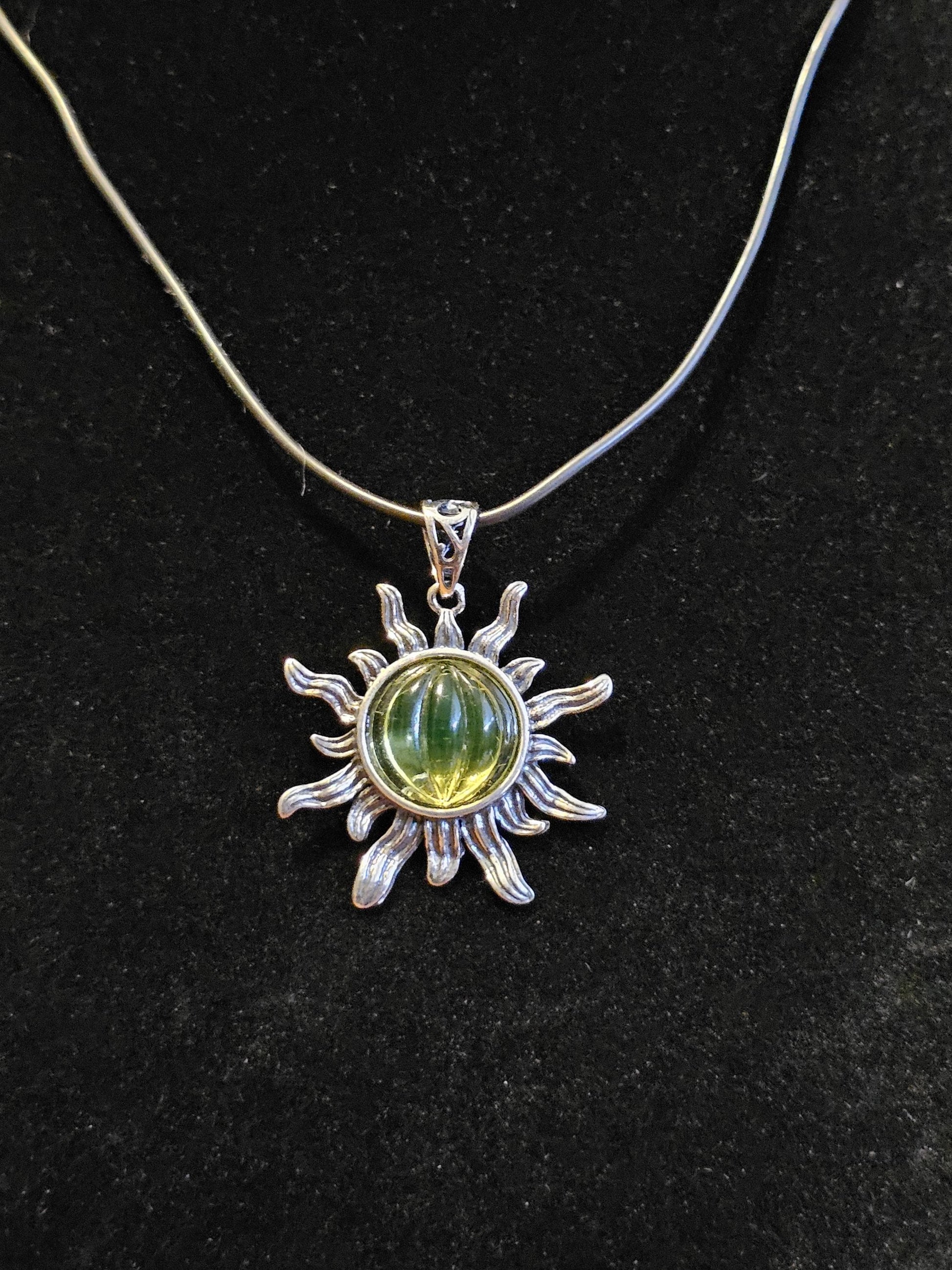 Uranium Glass Pendant Sterling Silver Sun setting with vintage 10 mm Yellow Uranium glass stone that glows under black / UV light