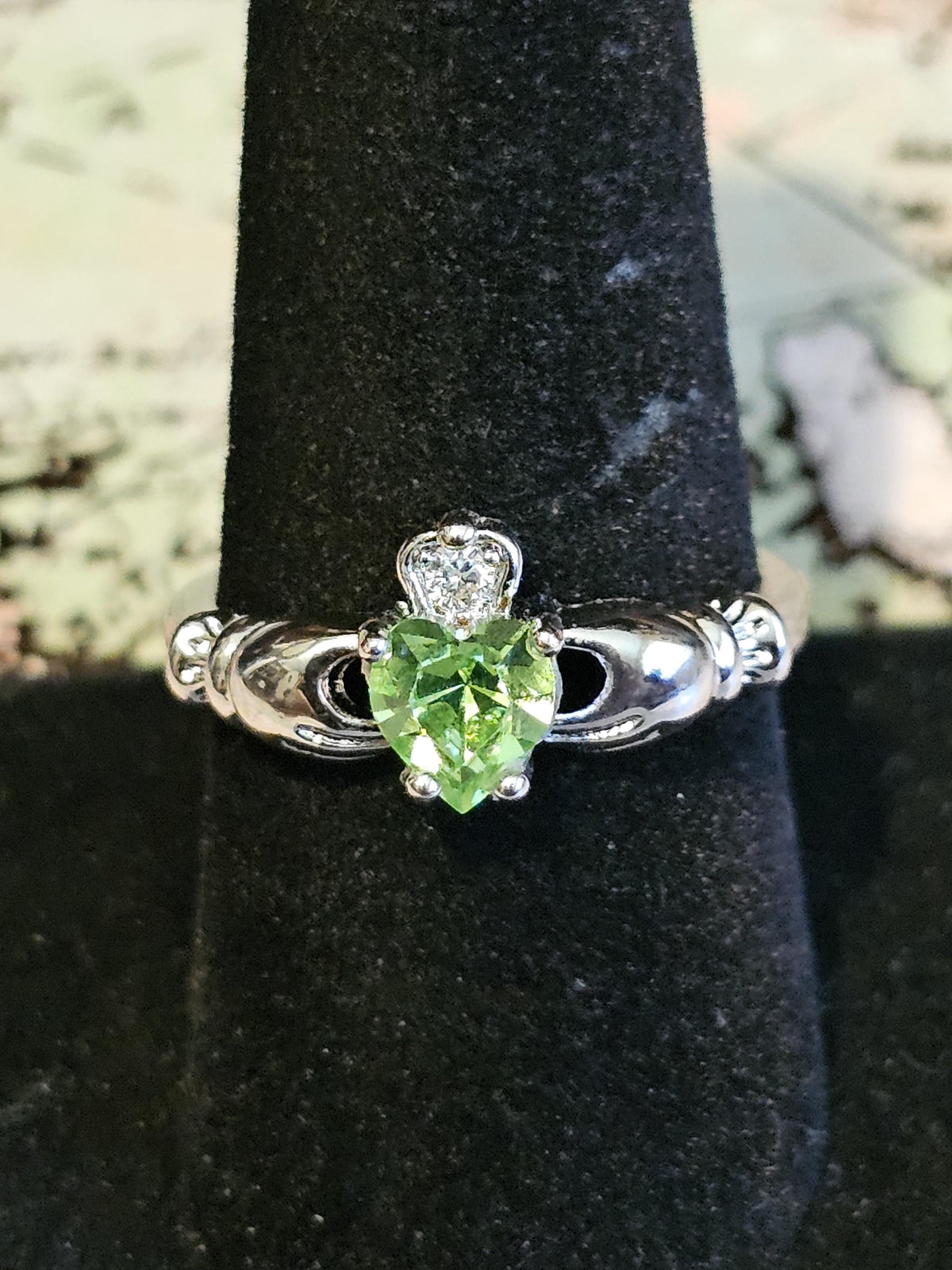 Uranium Glass Heart cut Claddagh Ring size 6 to 10 new Sterling Silver with a vintage Uranium glass stone that glows under black/UV light