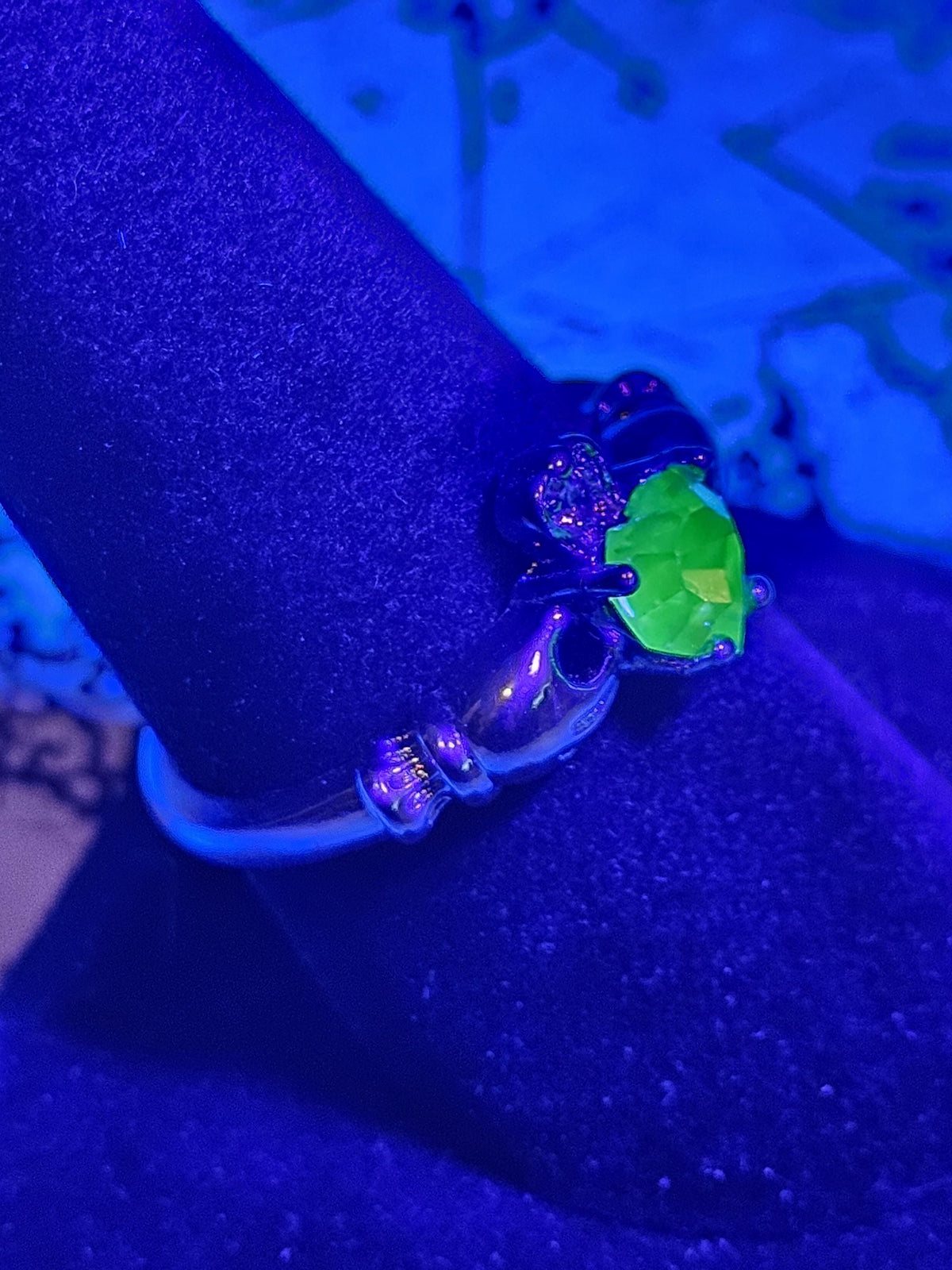 Uranium Glass Heart cut Claddagh Ring size 6 to 10 new Sterling Silver with a vintage Uranium glass stone that glows under black/UV light