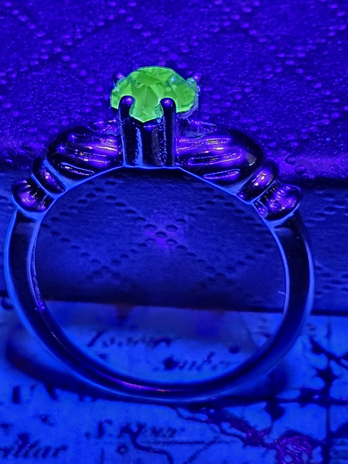Uranium Glass Heart cut Claddagh Ring size 6 to 10 new Sterling Silver with a vintage Uranium glass stone that glows under black/UV light