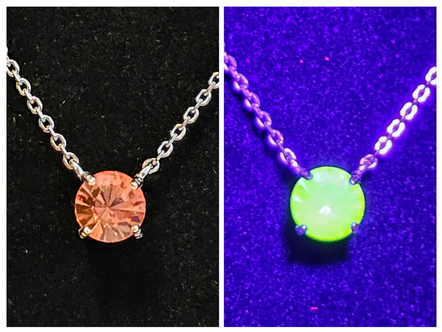 Uranium Glass Pendant w/chain new Sterling Silver with vintage rare Pink 6 mm Round cut Uranium Glass stone that glows under black/UV light