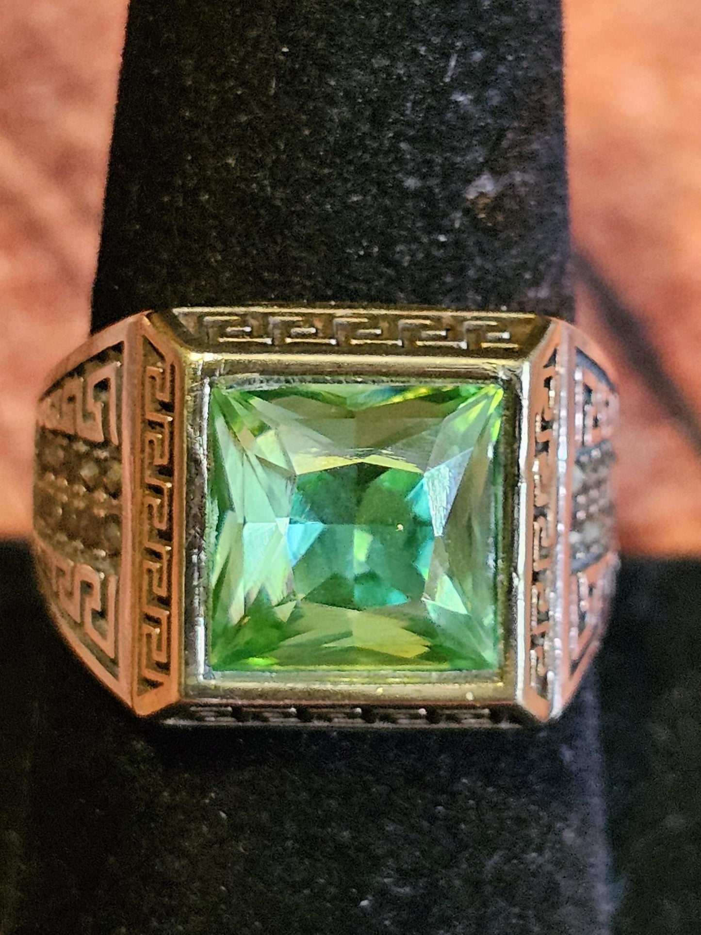 Uranium Glass Men's Ring new Sterling Silver Adjustable with 10x10 mm vintage Uranium glass Square cut stone glows under black / UV light