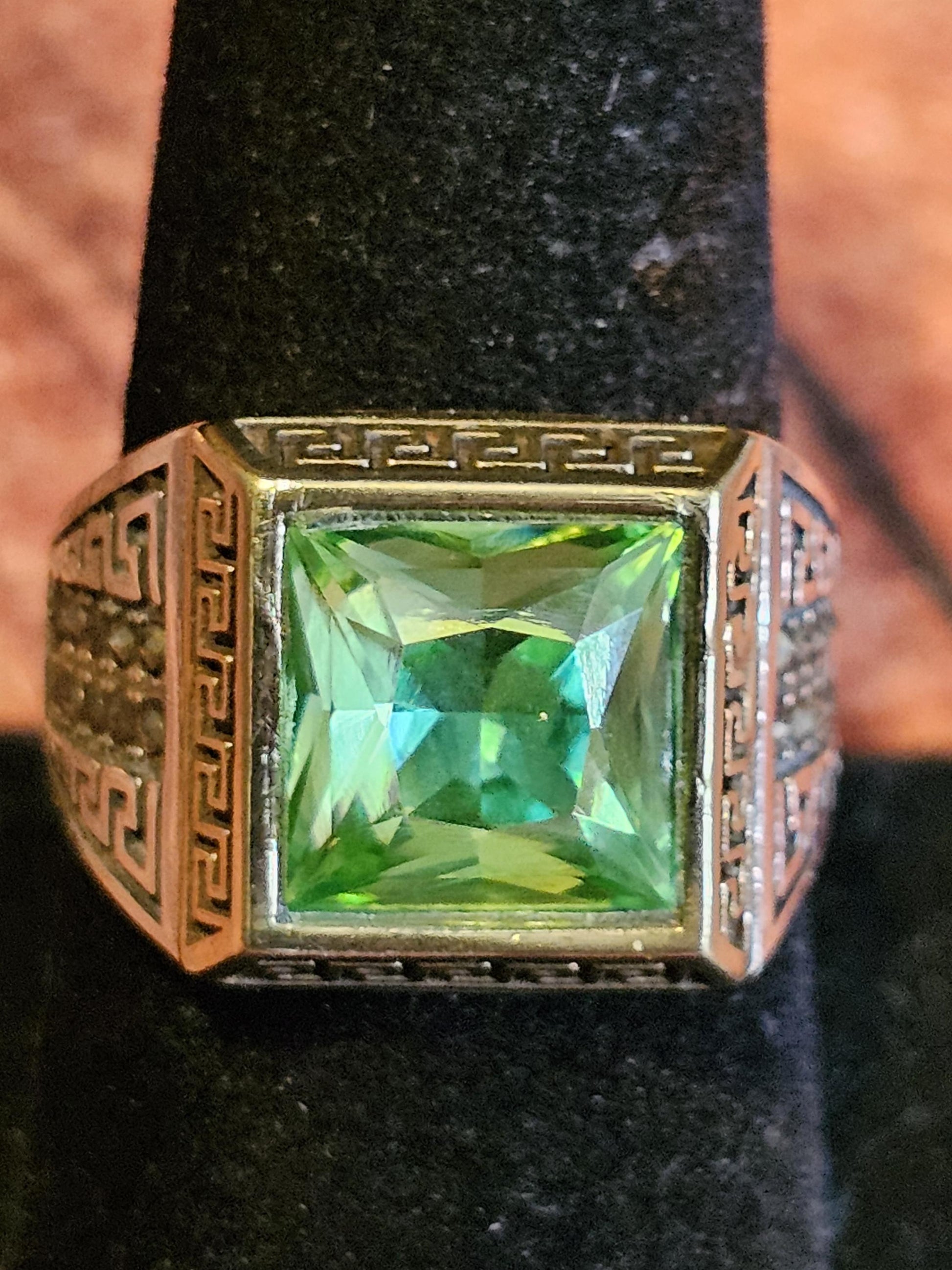 Uranium Glass Men's Ring new Sterling Silver Adjustable with 10x10 mm vintage Uranium glass Square cut stone glows under black / UV light