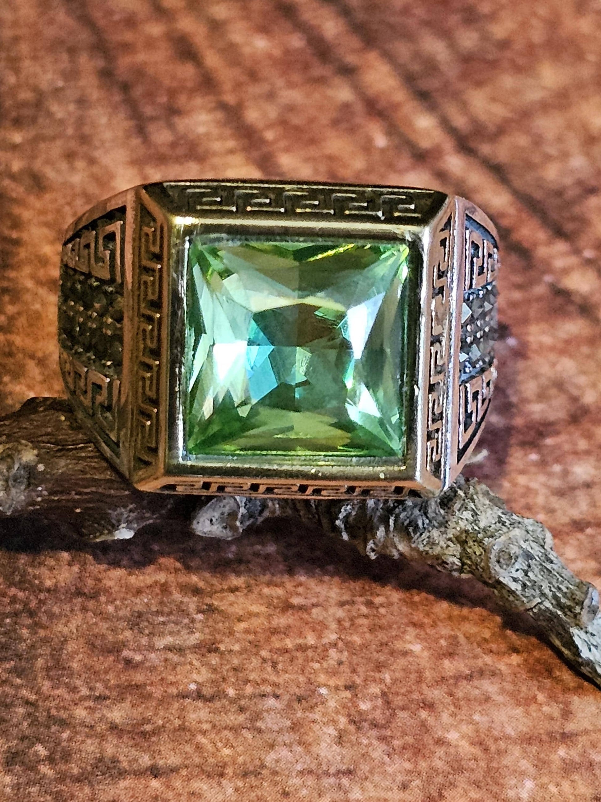 Uranium Glass Men's Ring new Sterling Silver Adjustable with 10x10 mm vintage Uranium glass Square cut stone glows under black / UV light