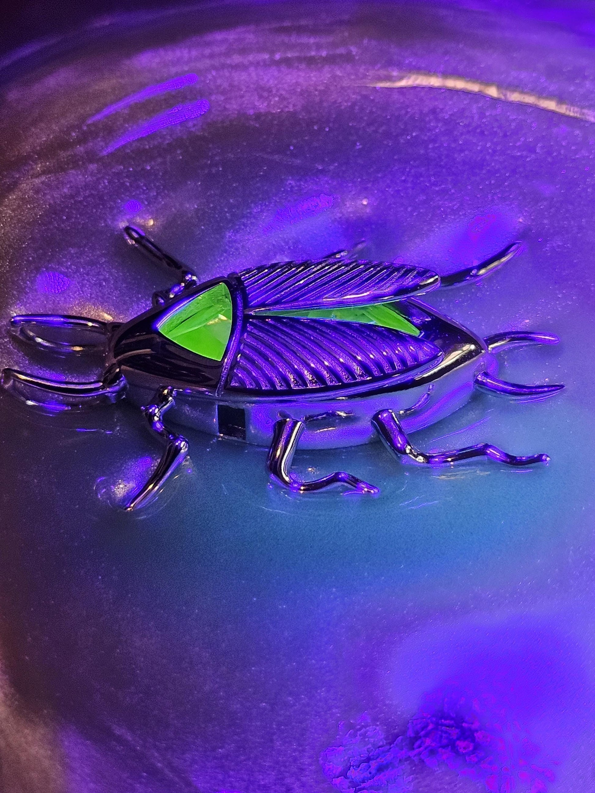 Uranium Glass Pendant in new Sterling Silver "Fallout" Radroach design with Vintage Uranium Glass stone that glows under black / UV light