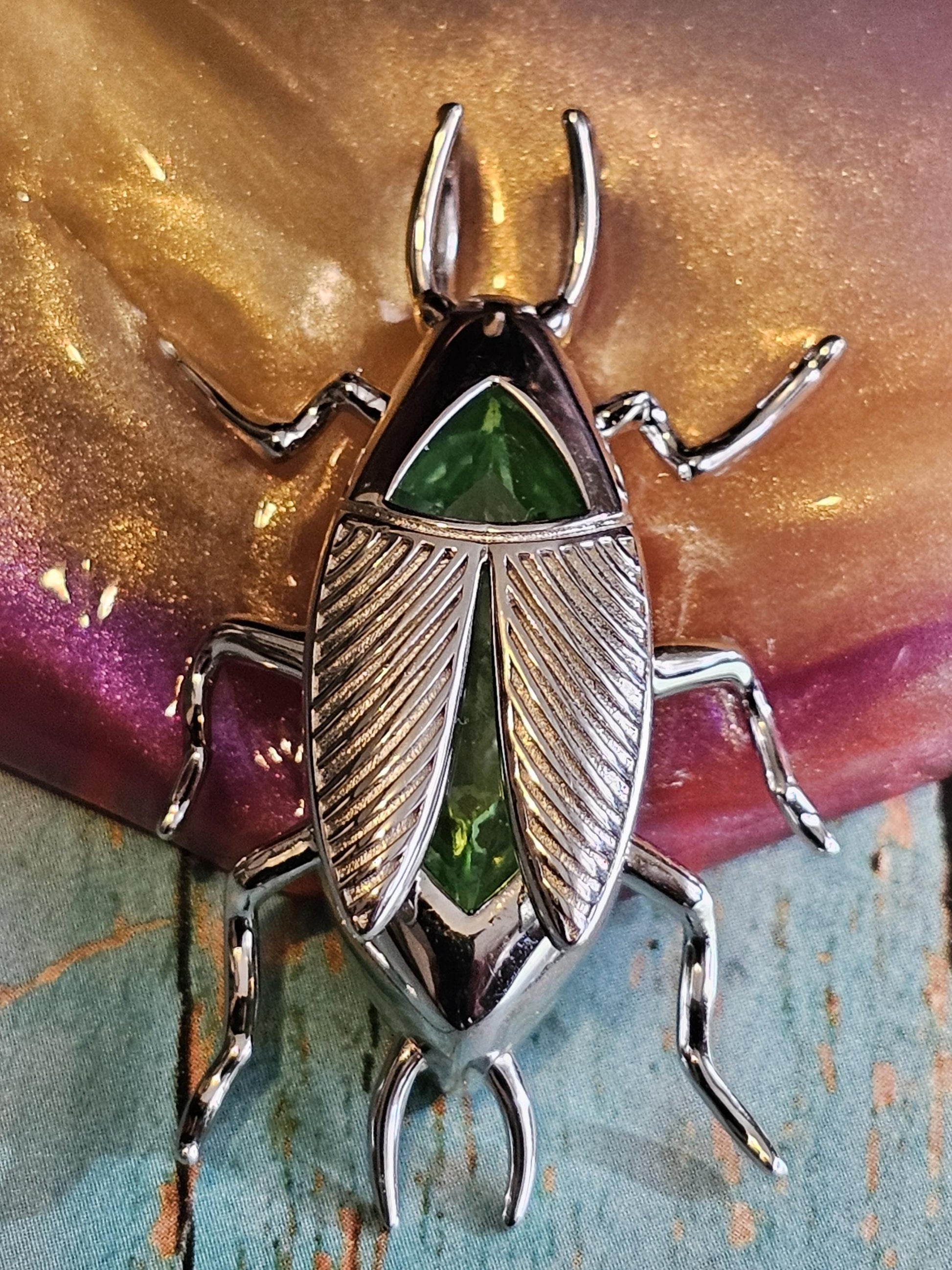 Uranium Glass Pendant in new Sterling Silver "Fallout" Radroach design with Vintage Uranium Glass stone that glows under black / UV light