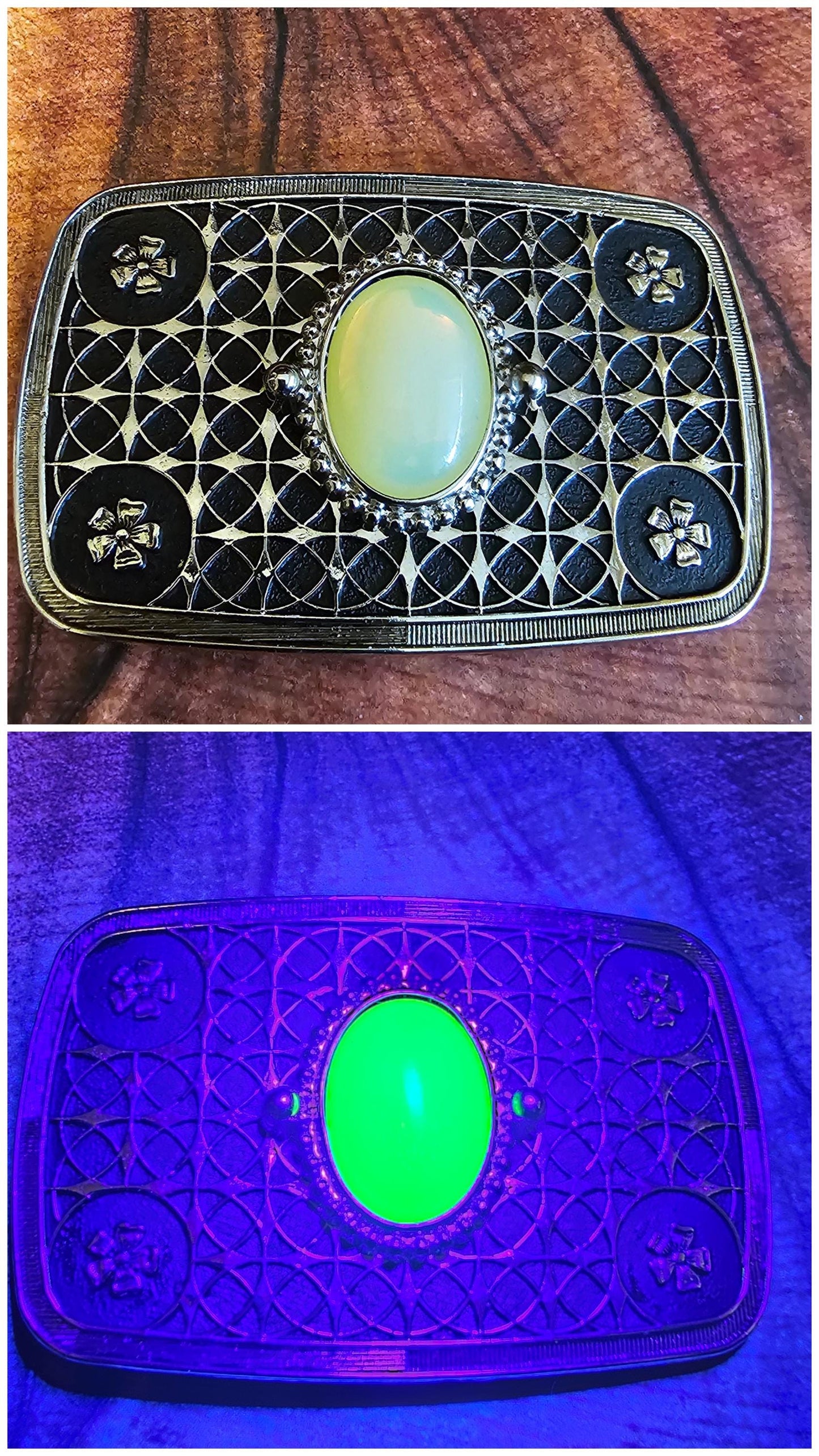 Uranium Glass Belt Buckle large 25x18 mm Oval cut Round top Cabochon cut vintage Uranium Glass stone that glows under black / UV light