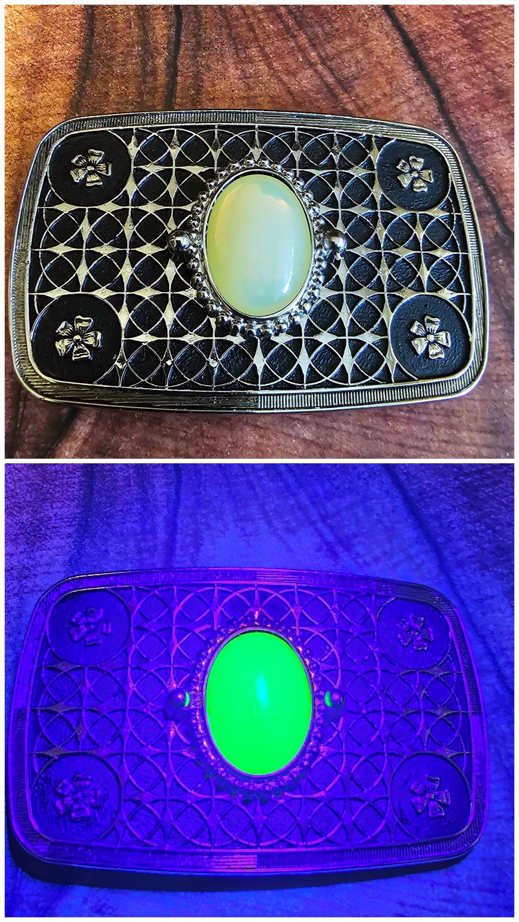 Uranium Glass Belt Buckle large 25x18 mm Oval cut Round top Cabochon cut vintage Uranium Glass stone that glows under black / UV light