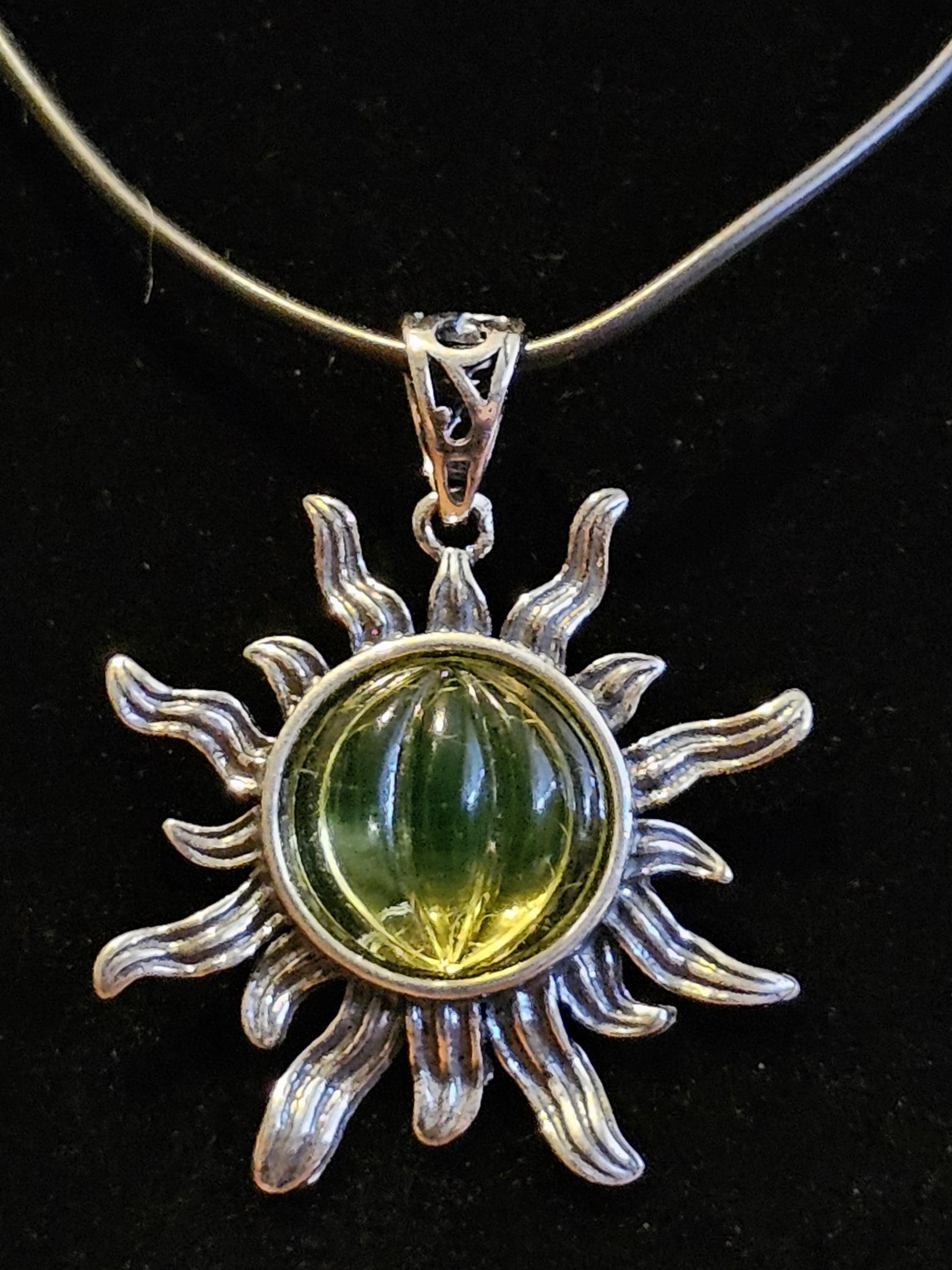 Uranium Glass Pendant Sterling Silver Sun setting with vintage 10 mm Yellow Uranium glass stone that glows under black / UV light