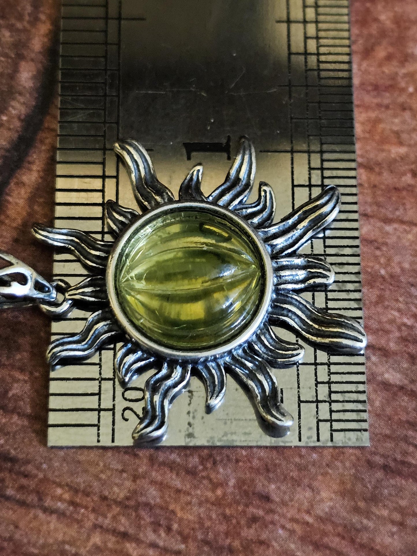 Uranium Glass Pendant Sterling Silver Sun setting with vintage 10 mm Yellow Uranium glass stone that glows under black / UV light