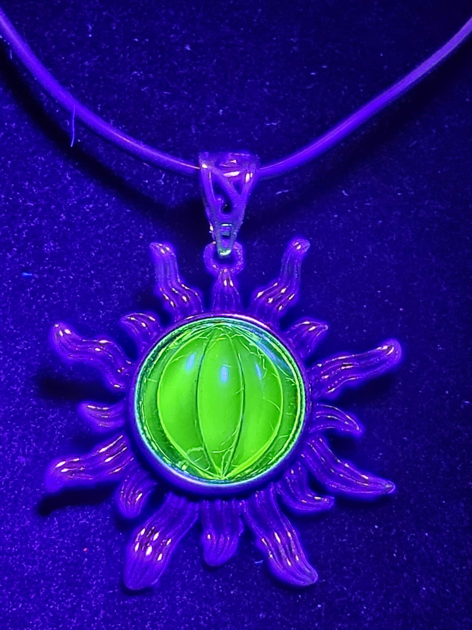 Uranium Glass Pendant Sterling Silver Sun setting with vintage 10 mm Yellow Uranium glass stone that glows under black / UV light