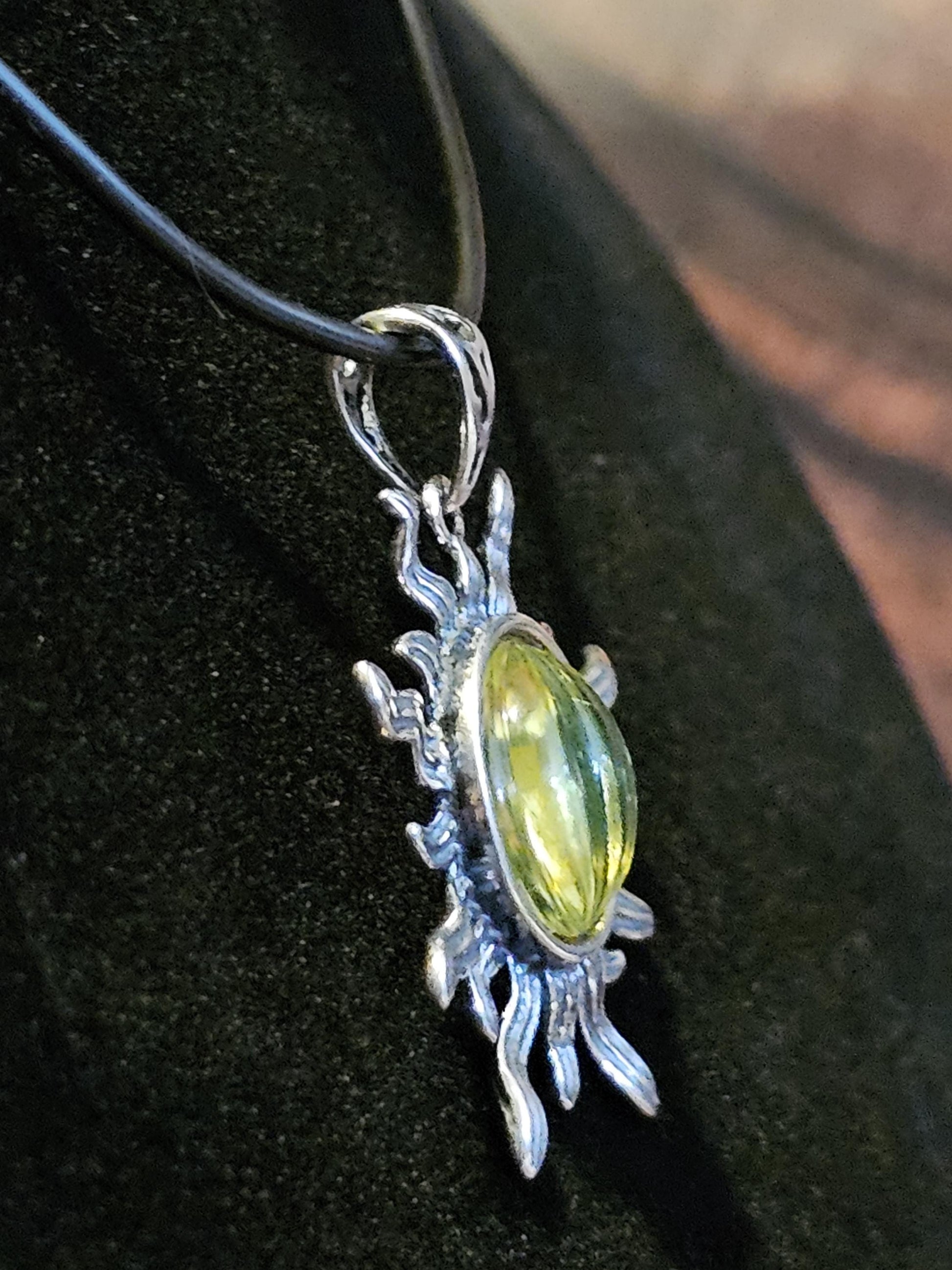 Uranium Glass Pendant Sterling Silver Sun setting with vintage 10 mm Yellow Uranium glass stone that glows under black / UV light