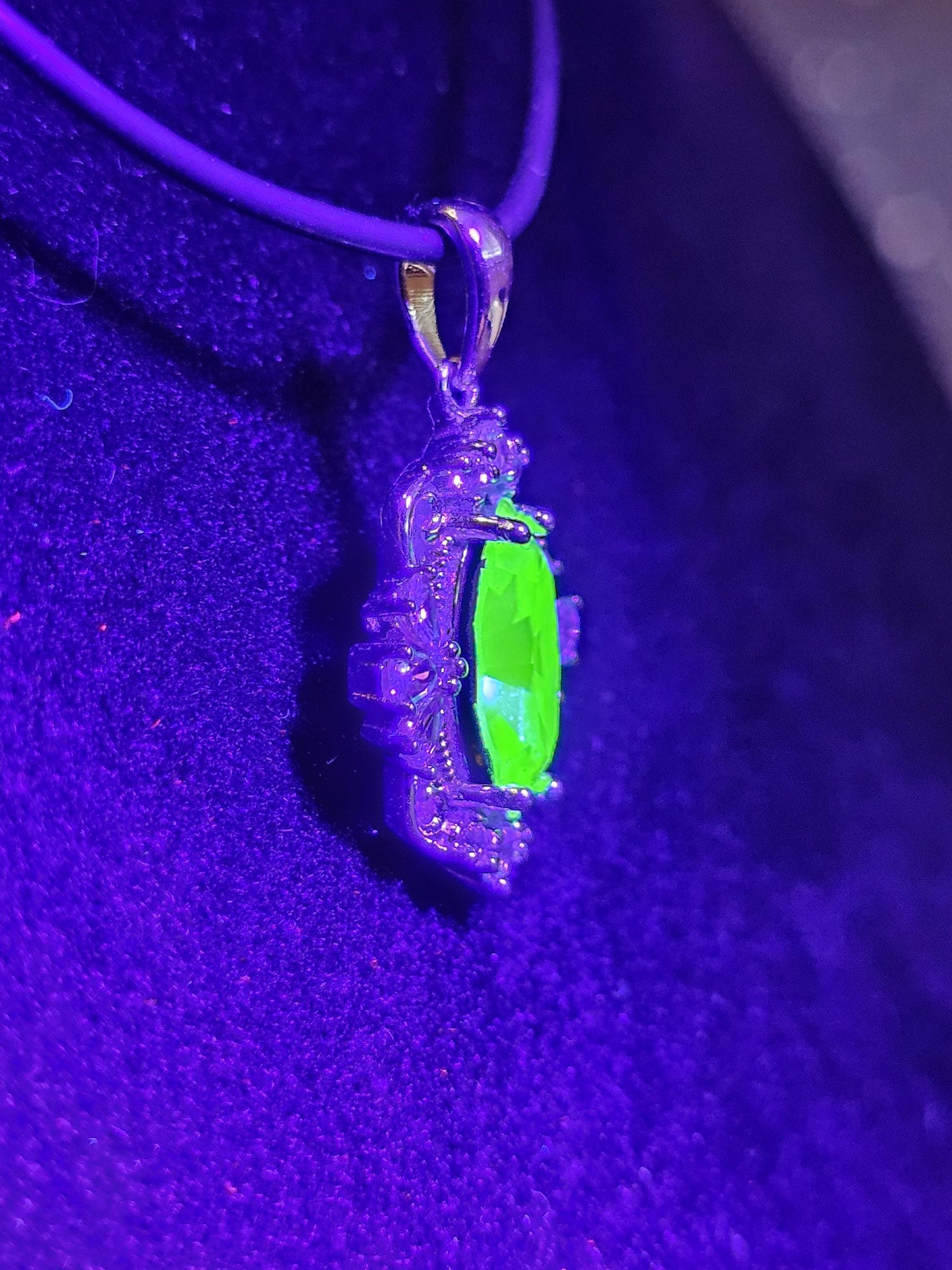 Uranium Glass Pendant in new Sterling Silver Fleur De Lis with a vintage 12x6 mm Marquise cut Uranium Glass that glows under black/UV light