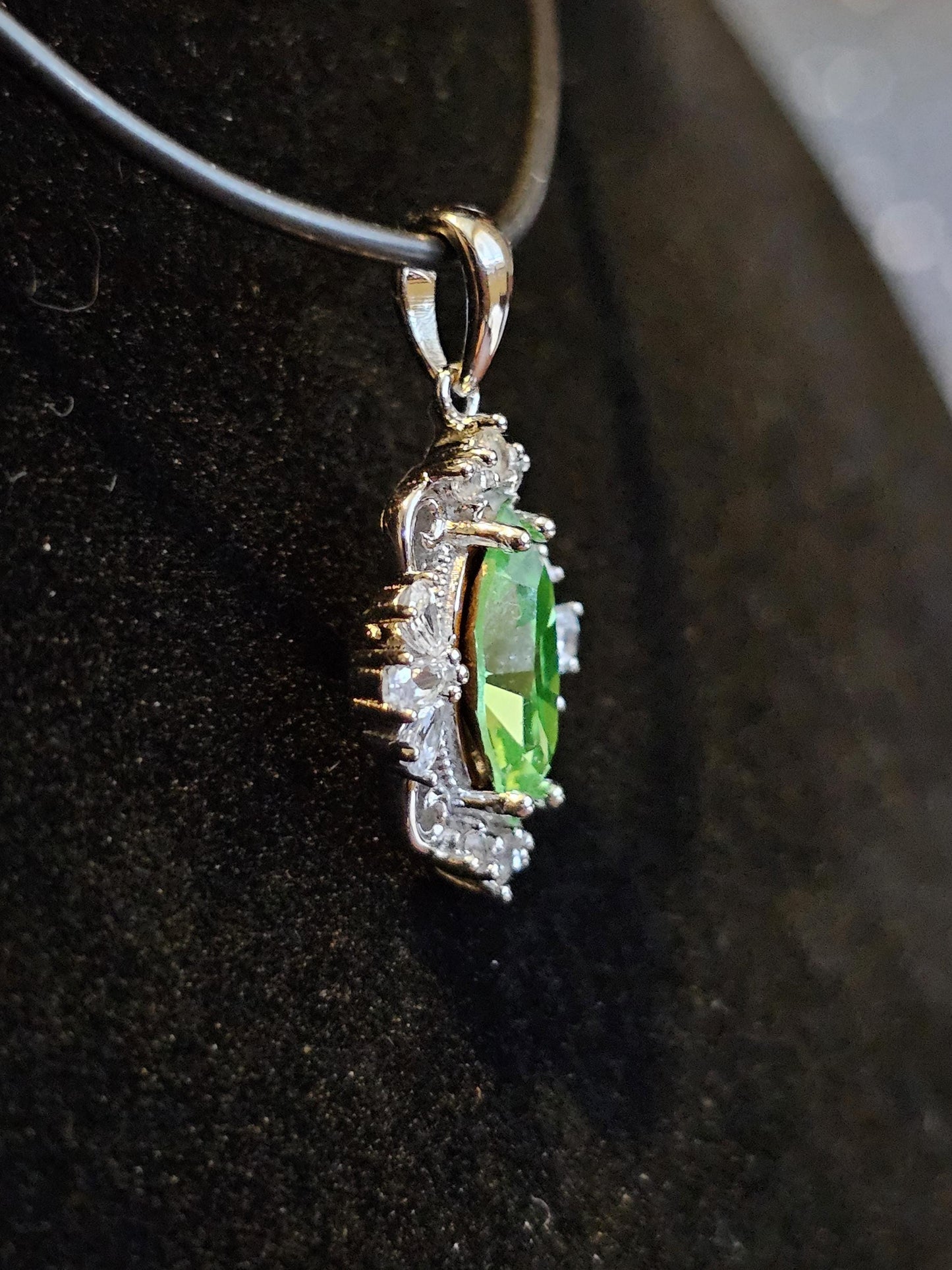 Uranium Glass Pendant in new Sterling Silver Fleur De Lis with a vintage 12x6 mm Marquise cut Uranium Glass that glows under black/UV light