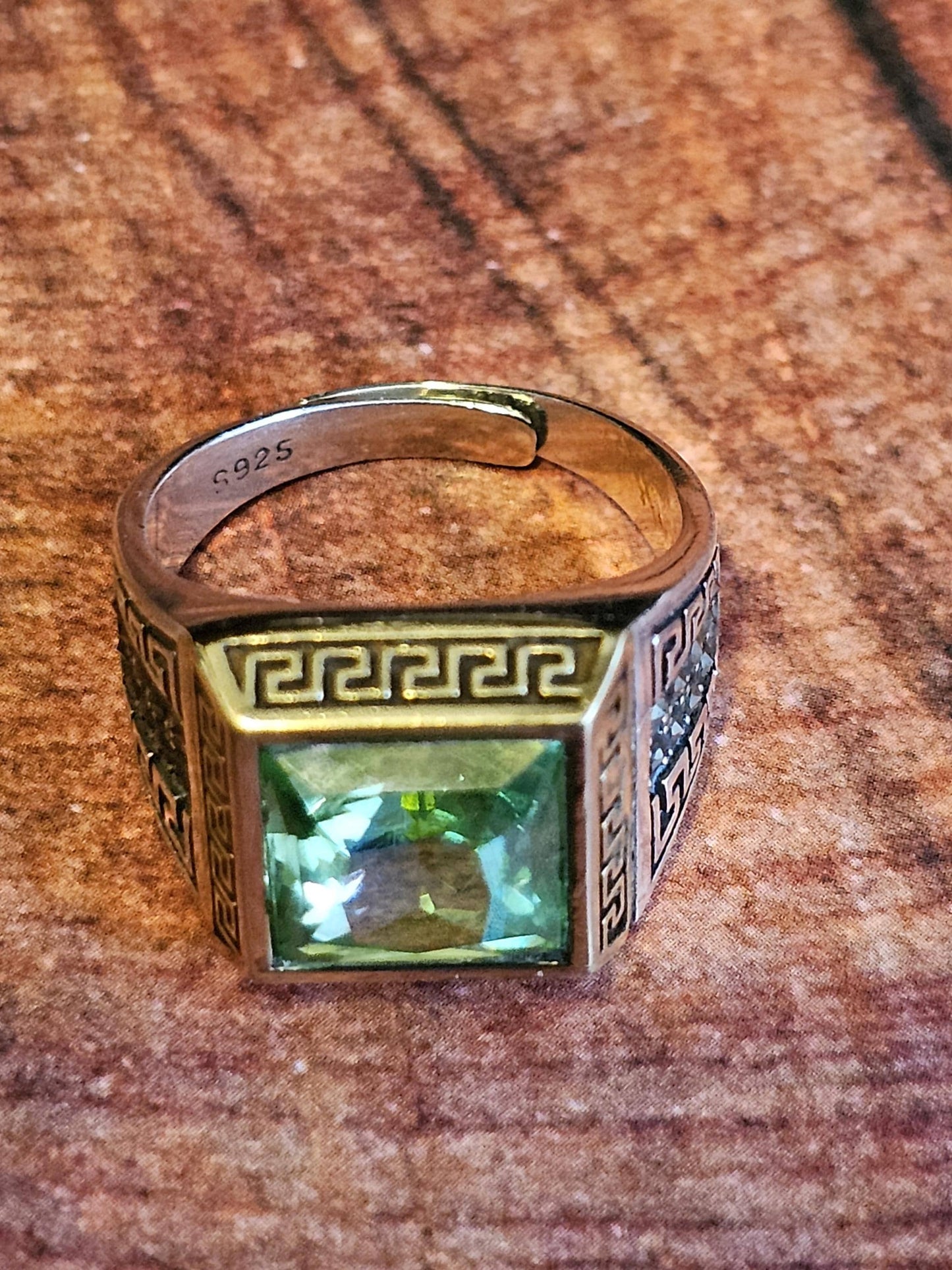 Uranium Glass Men's Ring new Sterling Silver Adjustable with 10x10 mm vintage Uranium glass Square cut stone glows under black / UV light