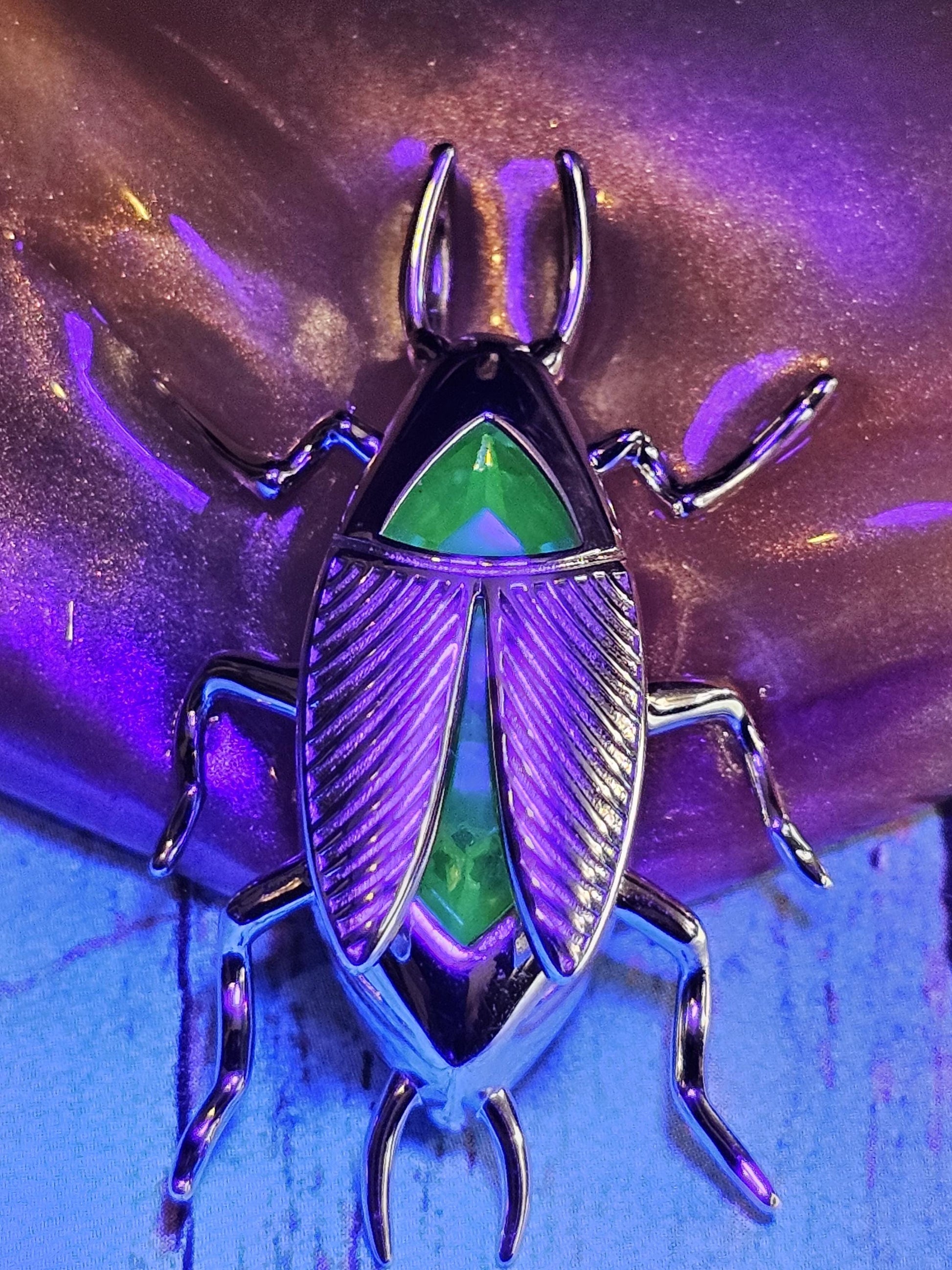 Uranium Glass Pendant in new Sterling Silver "Fallout" Radroach design with Vintage Uranium Glass stone that glows under black / UV light