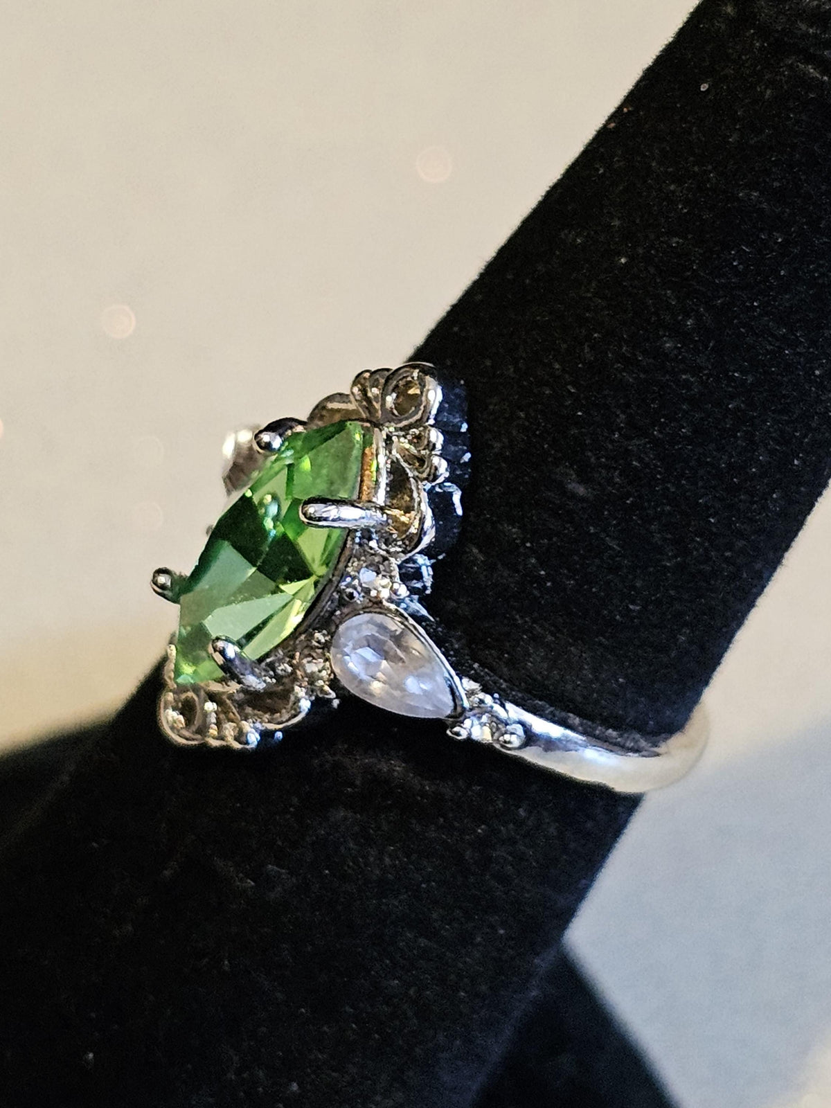 Uranium Glass Marquise cut Ring Size 5 scorpion pattern Sterling Silver with a vintage Uranium glass stone that glows under black/UV light