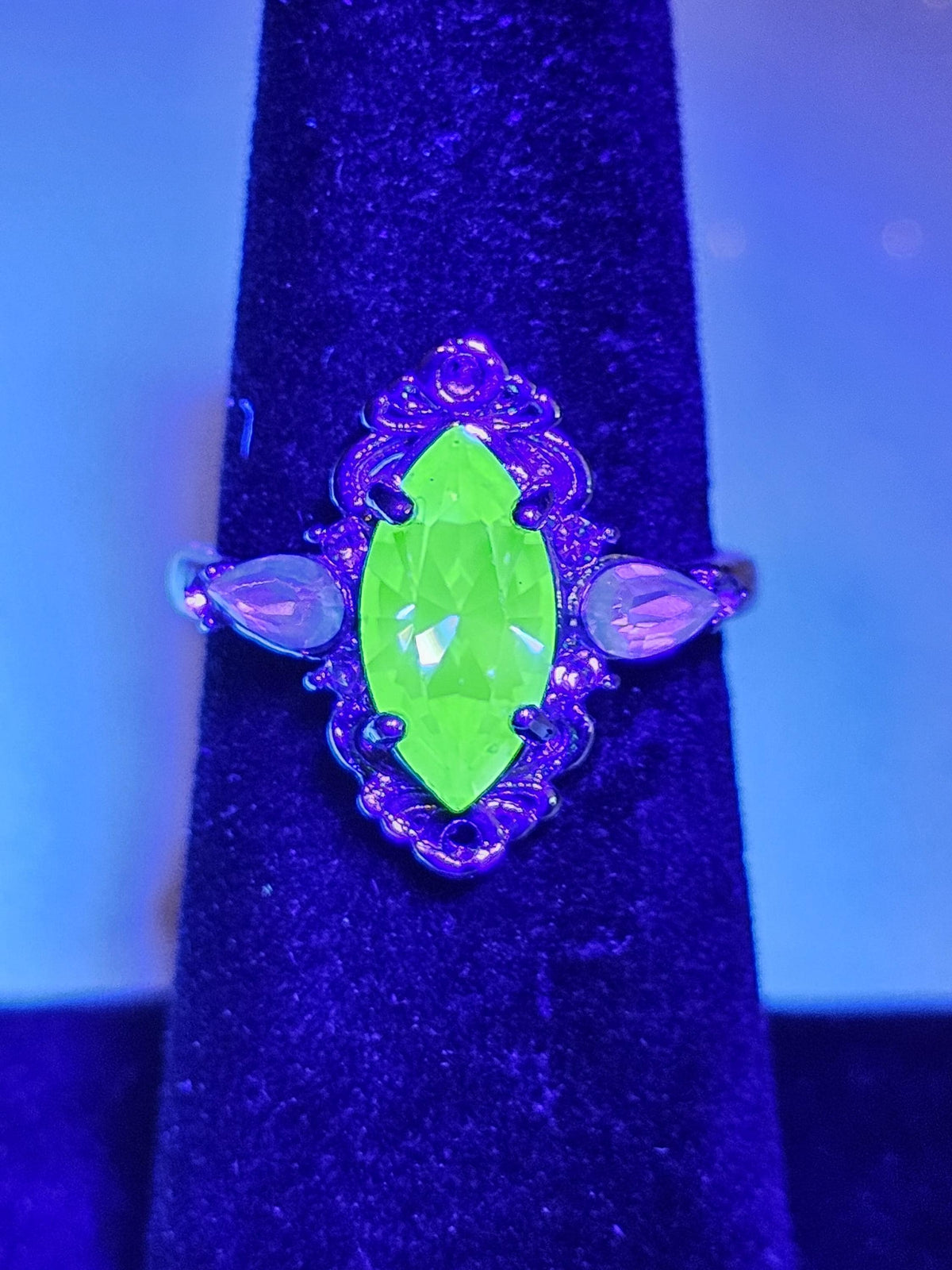 Uranium Glass Marquise cut Ring Size 5 scorpion pattern Sterling Silver with a vintage Uranium glass stone that glows under black/UV light