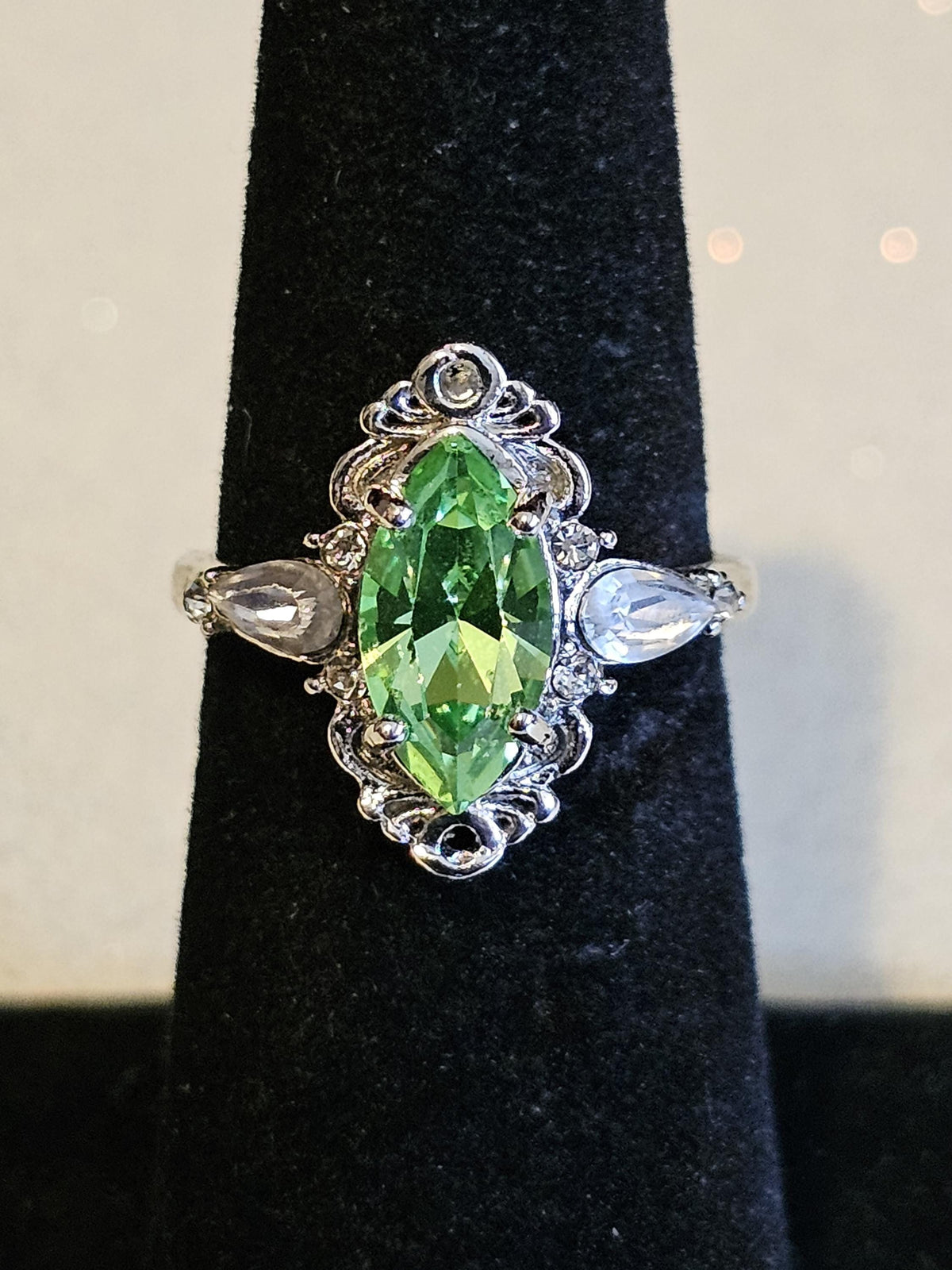 Uranium Glass Marquise cut Ring Size 5 scorpion pattern Sterling Silver with a vintage Uranium glass stone that glows under black/UV light