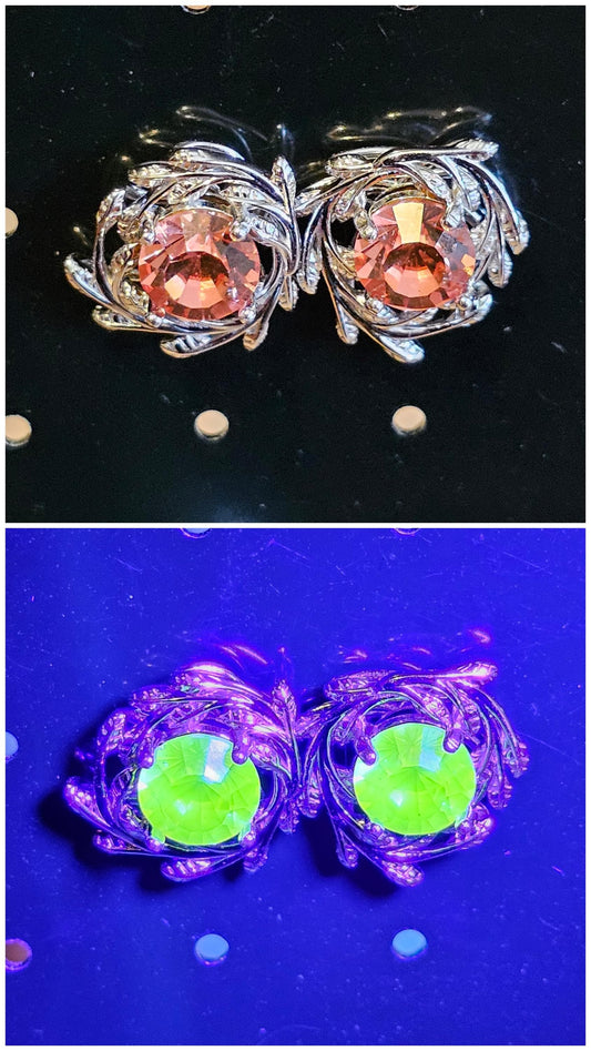 Uranium Glass Earrings in new Sterling Silver with Vintage 6mm Round cut rare Pink Uranium Glass stones that glow under black/UV light