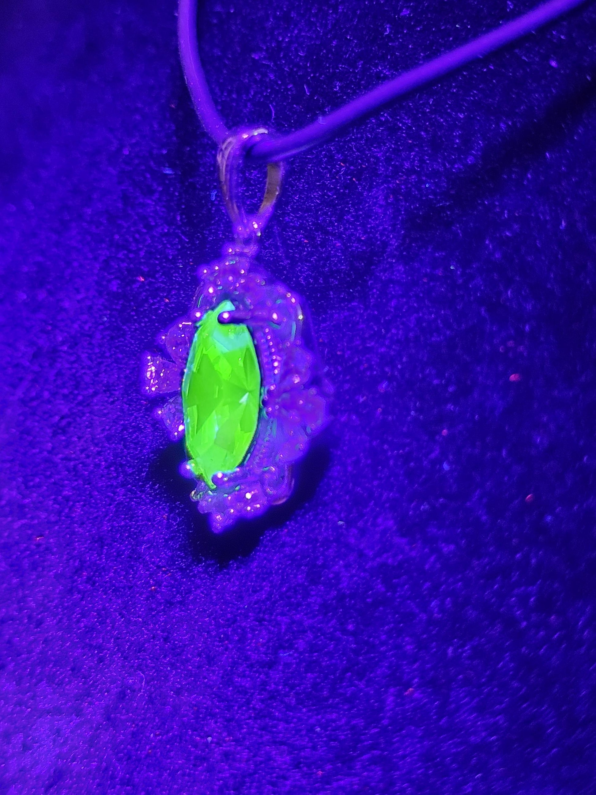 Uranium Glass Pendant in new Sterling Silver Fleur De Lis with a vintage 12x6 mm Marquise cut Uranium Glass that glows under black/UV light