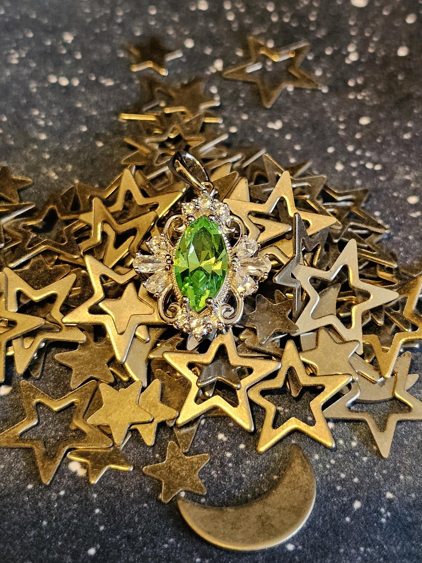 Uranium Glass Pendant in new Sterling Silver Fleur De Lis with a vintage 12x6 mm Marquise cut Uranium Glass that glows under black/UV light