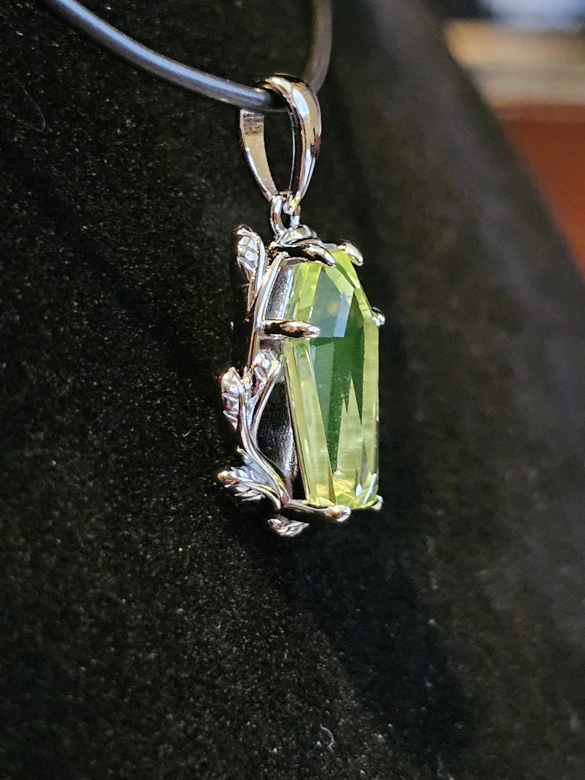 Uranium Glass Coffin cut Pendant in new Sterling Silver with Czech glass 14x8 mm Uranium Glass stone that glows under black / UV light