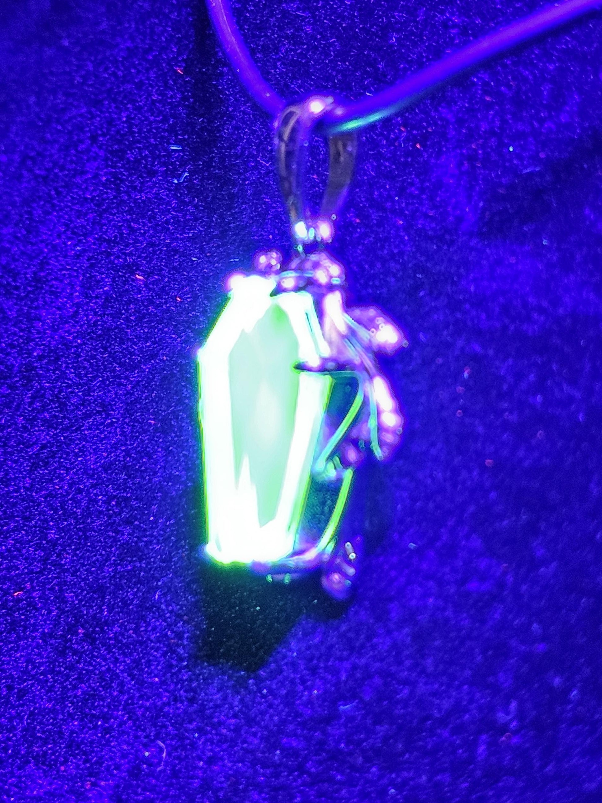 Uranium Glass Coffin cut Pendant in new Sterling Silver with Czech glass 14x8 mm Uranium Glass stone that glows under black / UV light
