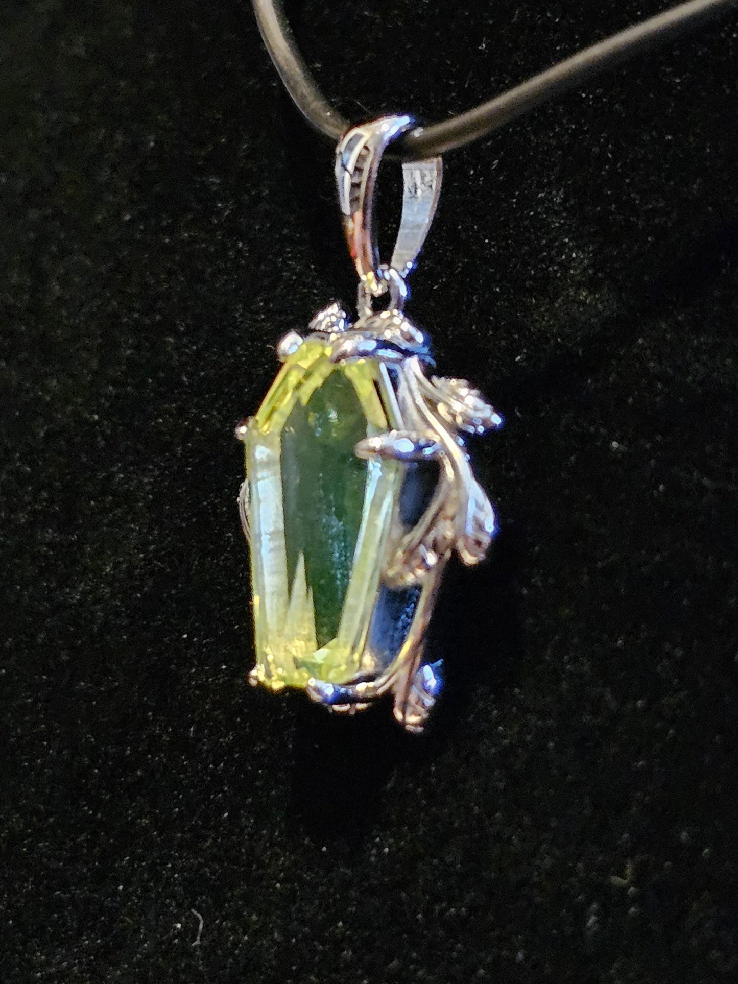Uranium Glass Coffin cut Pendant in new Sterling Silver with Czech glass 14x8 mm Uranium Glass stone that glows under black / UV light